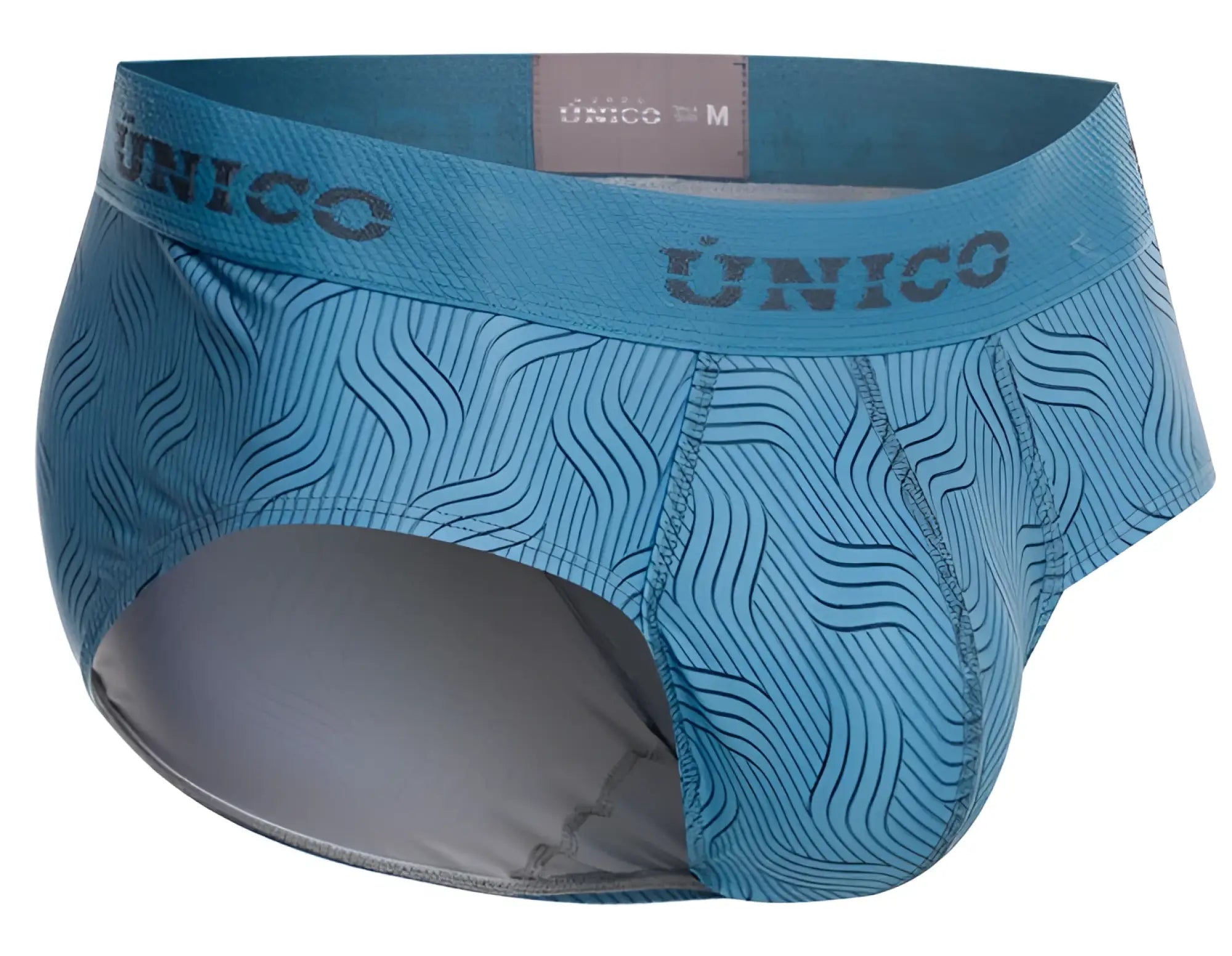 Light blue unico lenoso men’s briefs with subtle wave pattern and gray interior lining in color 46 blue