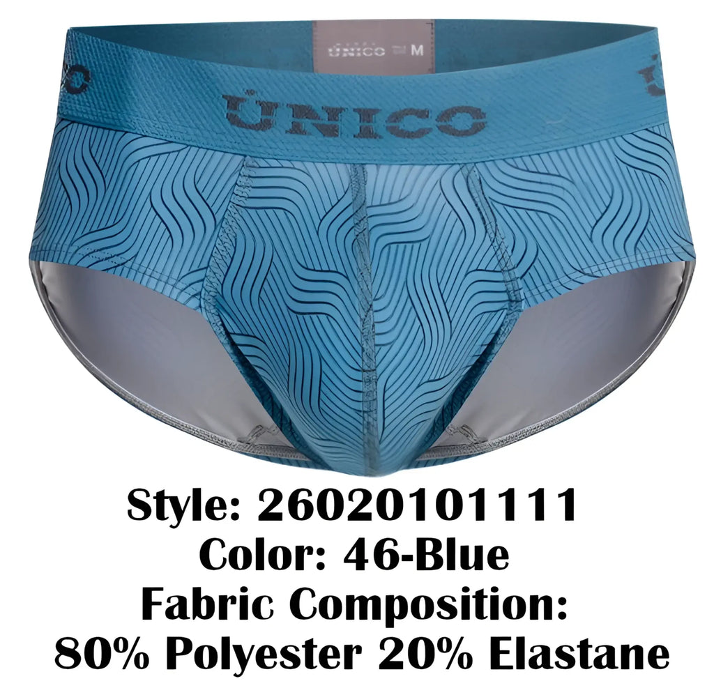 Blue unico men’s lenoso briefs with wavy pattern and gray interior lining in color 46 blue