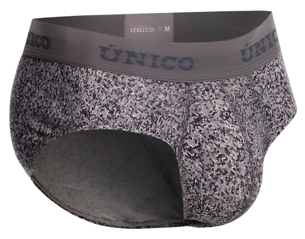 Gray and black speckled unico suede men’s briefs with matching elastic waistband color 59 gray