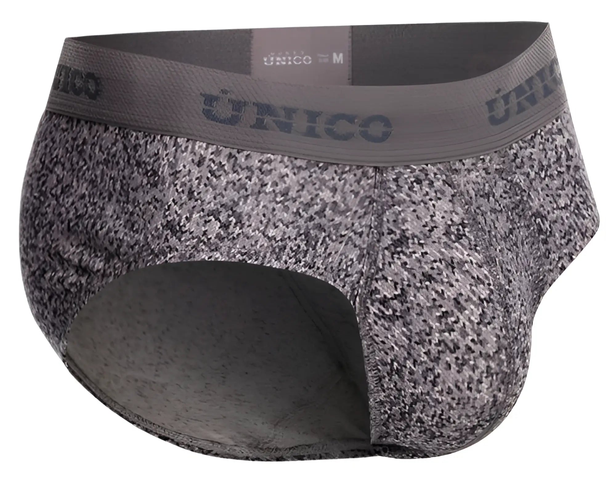 Gray and black speckled unico suede men’s briefs with matching elastic waistband color 59 gray