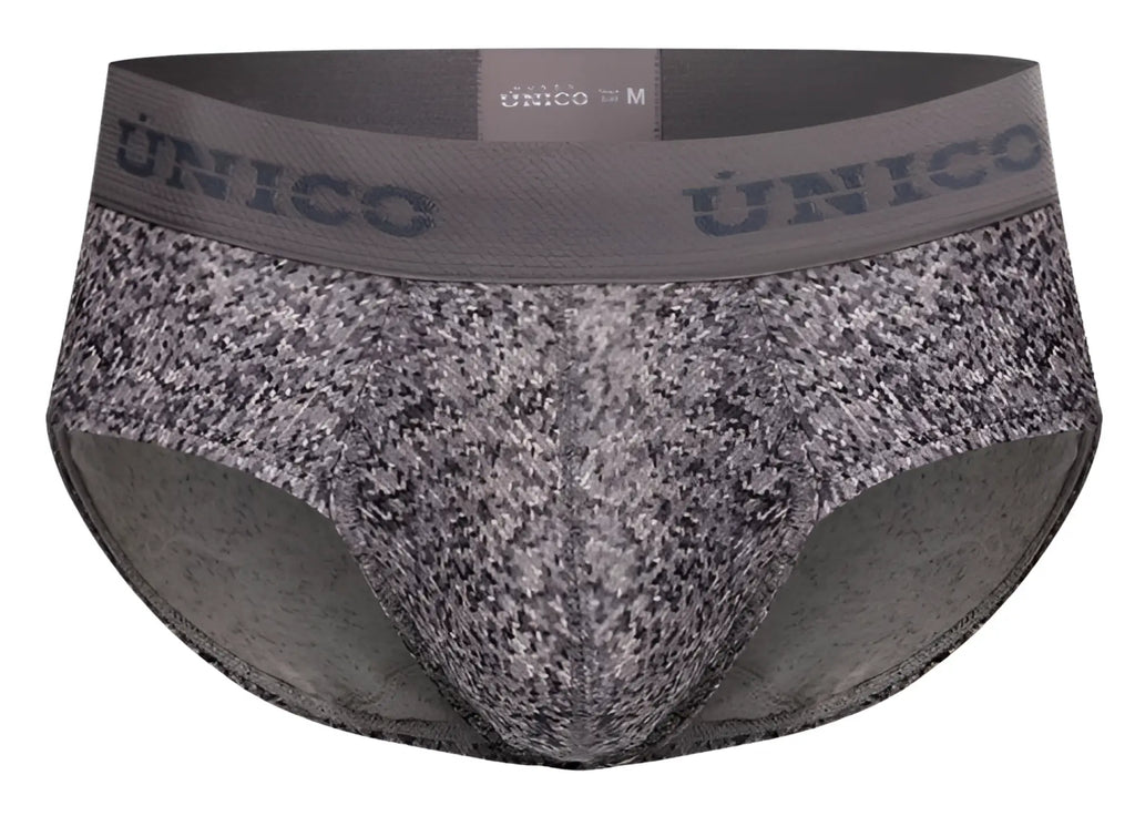 Gray and black speckled men’s suede briefs with solid gray unico waistband color 59 gray front view