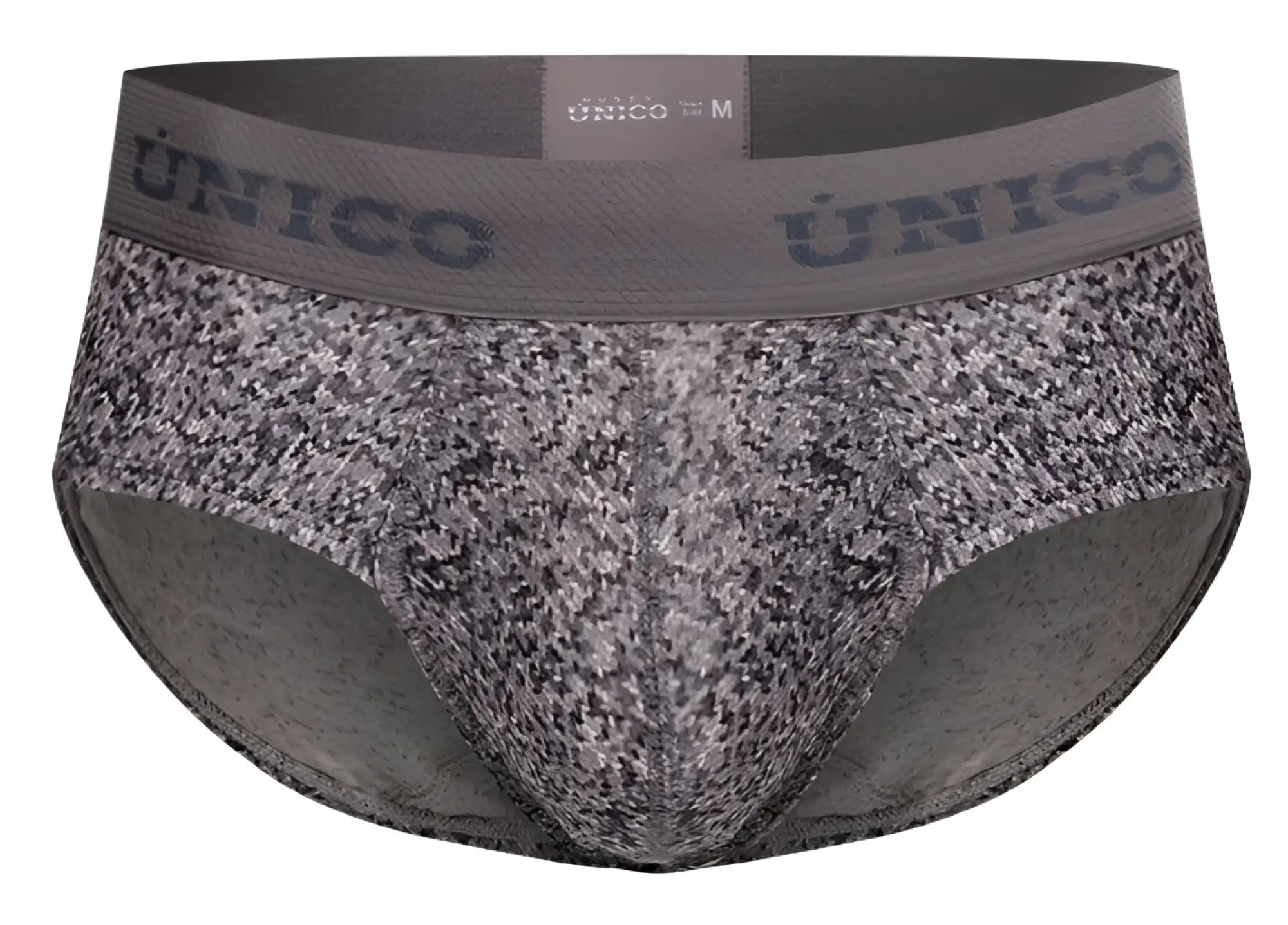 Gray and black speckled men’s suede briefs with solid gray unico waistband color 59 gray front view