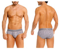 Gray suede briefs with a patterned design and solid gray waistband featuring the unico brand name