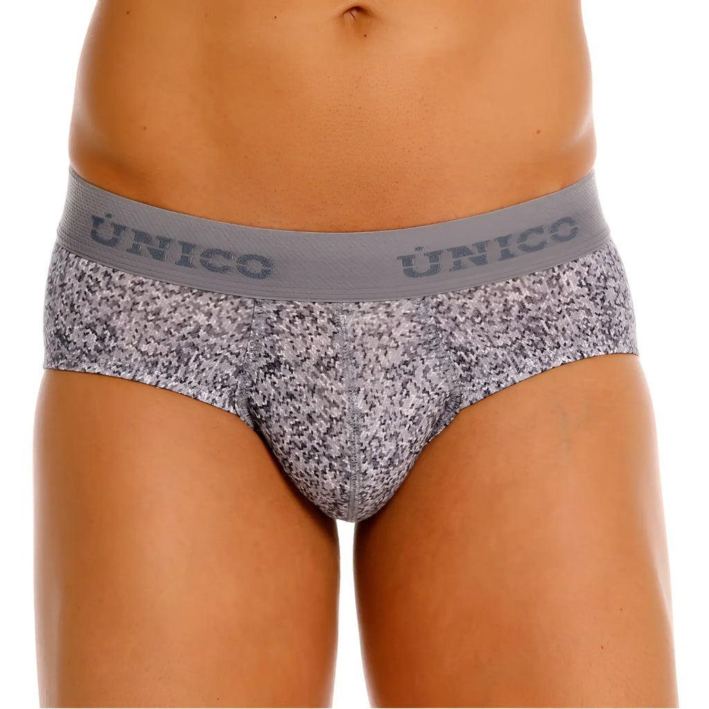 Unico suede briefs in gray with a patterned design and solid gray waistband featuring the Unico brand name