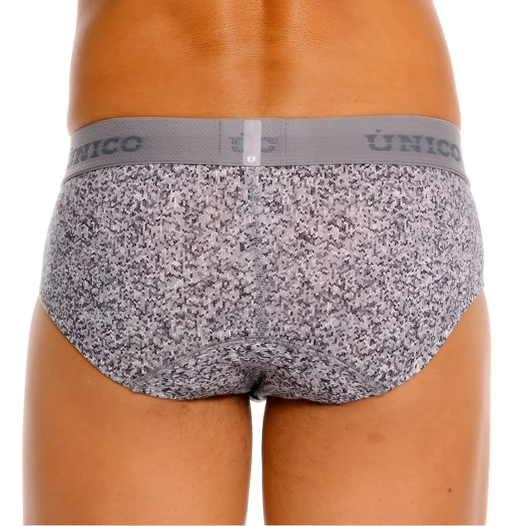 Gray and white speckled suede briefs with matching elastic waistband featuring the único brand logo color 59-gray