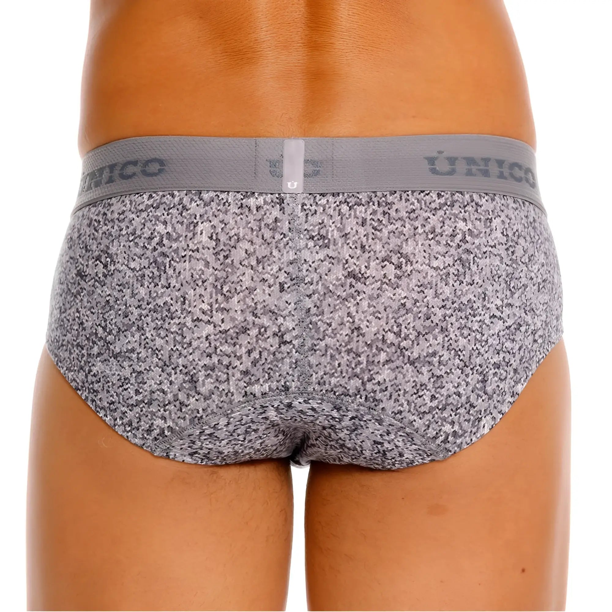 Gray and white speckled suede briefs with matching elastic waistband featuring the único brand logo color 59-gray