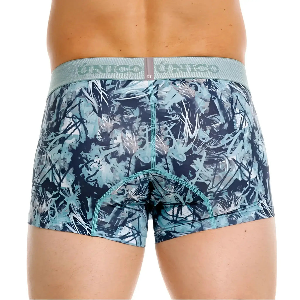 Unico 26040100112 Tags trunks in Blue, back view showing patterned boxer briefs on a model.