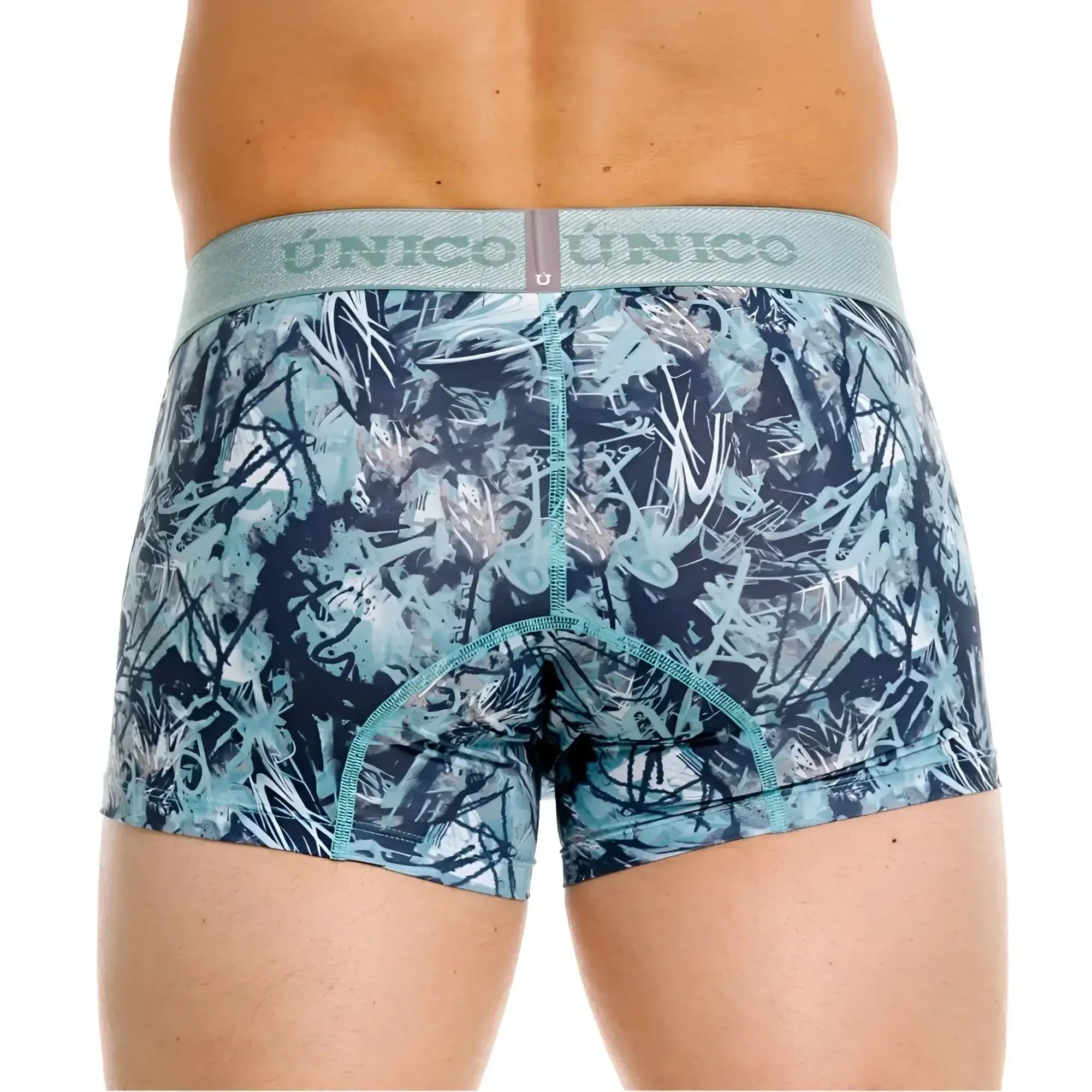 Unico 26040100112 Tags trunks in Blue, back view showing patterned boxer briefs on a model.