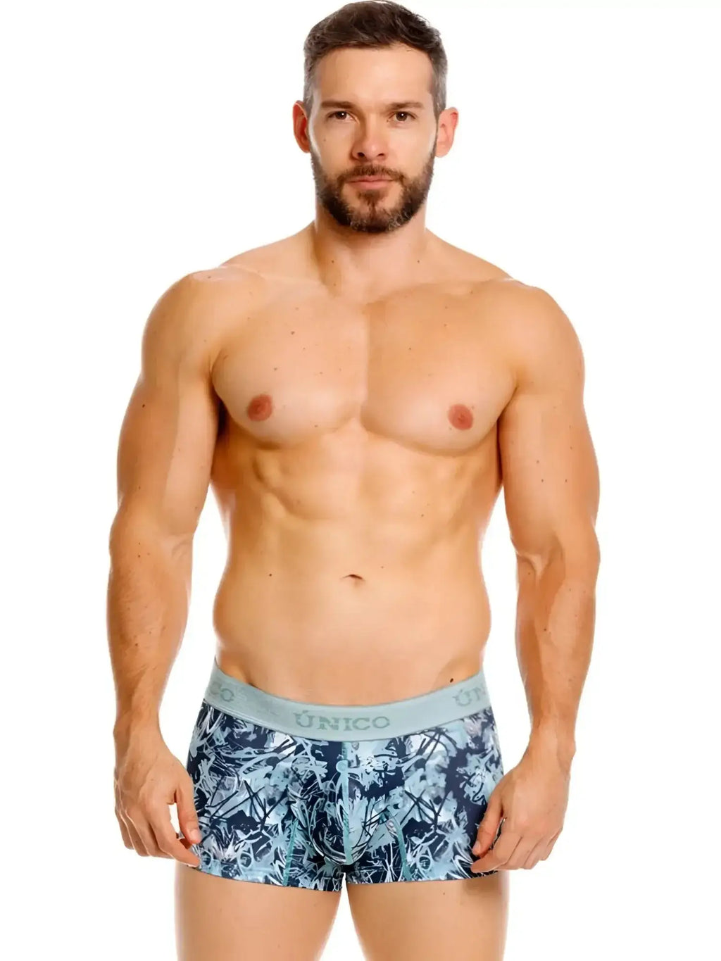 Front view of Unico 26040100112 blue trunks on a model.