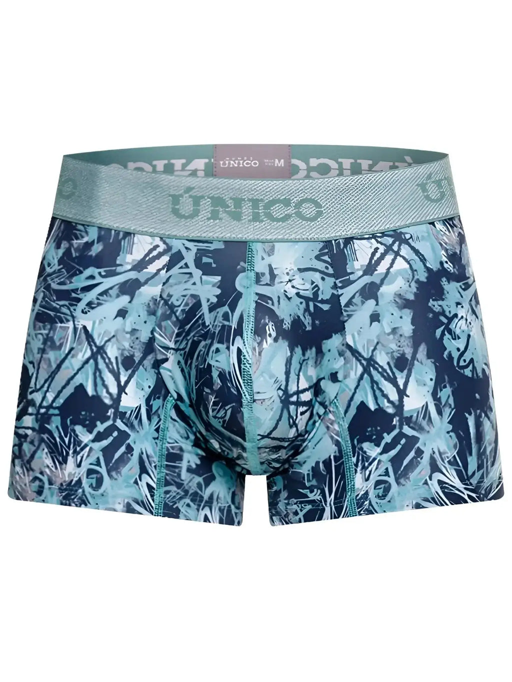 Front view of blue Unico 26040100112 Tags trunks with a paint splatter pattern and branded elastic waistband.