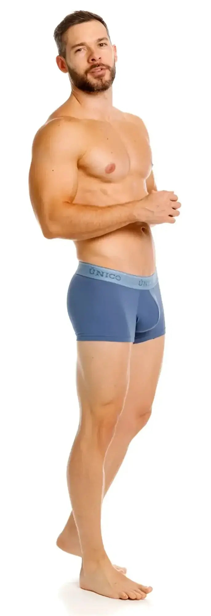 Unico Classic Trunks in Teal, side view of a man wearing the premium everyday essential underwear.