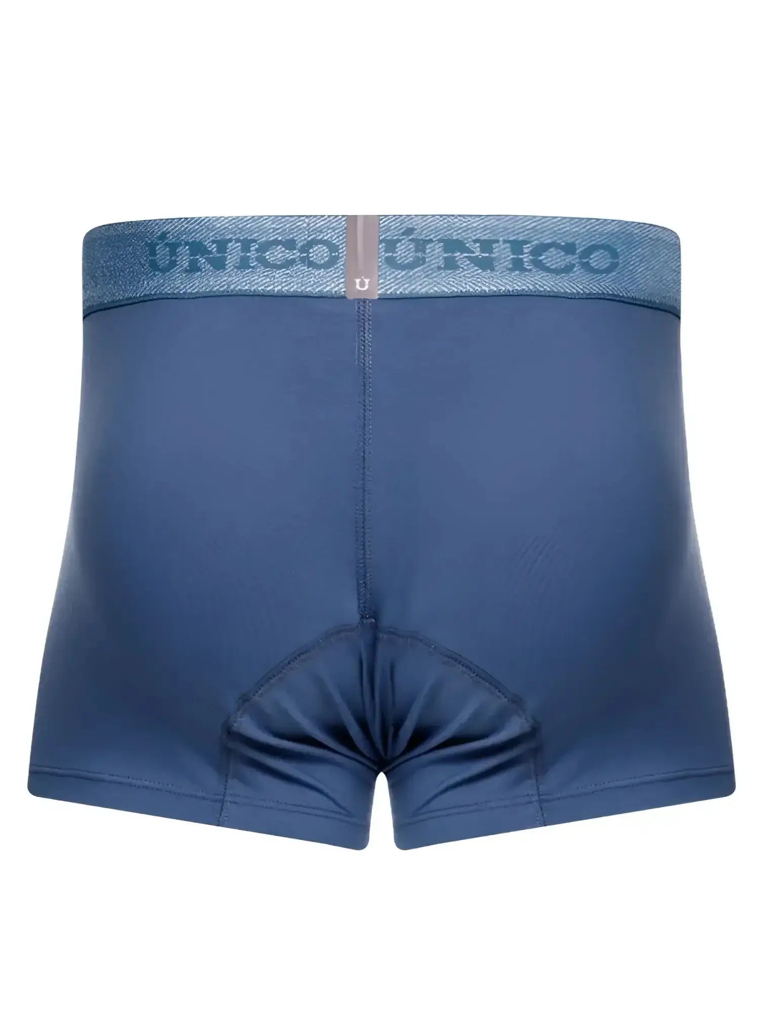 Back view of Unico Classic Trunks in Teal, showing the back fabric and branded elastic waistband.