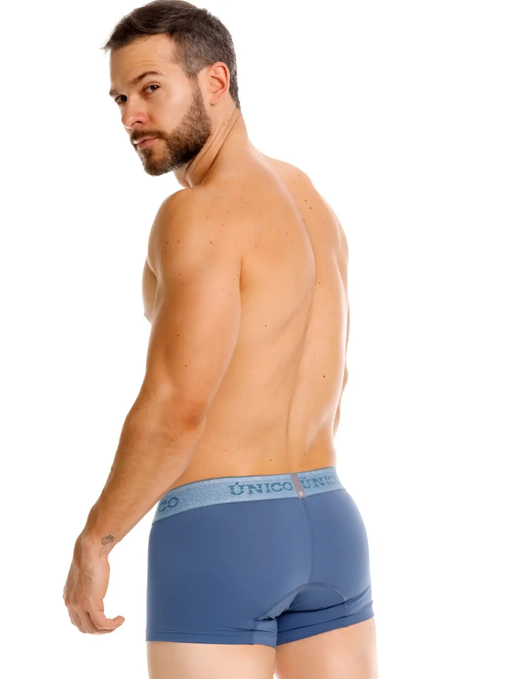 Unico Classic Trunks in Teal, back view showing a model wearing the underwear against a white background.