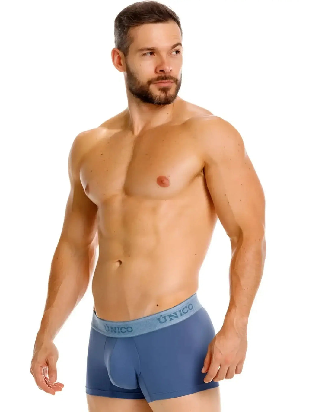 Unico Classic Trunks in Teal, studio product shot of a male model wearing the underwear.