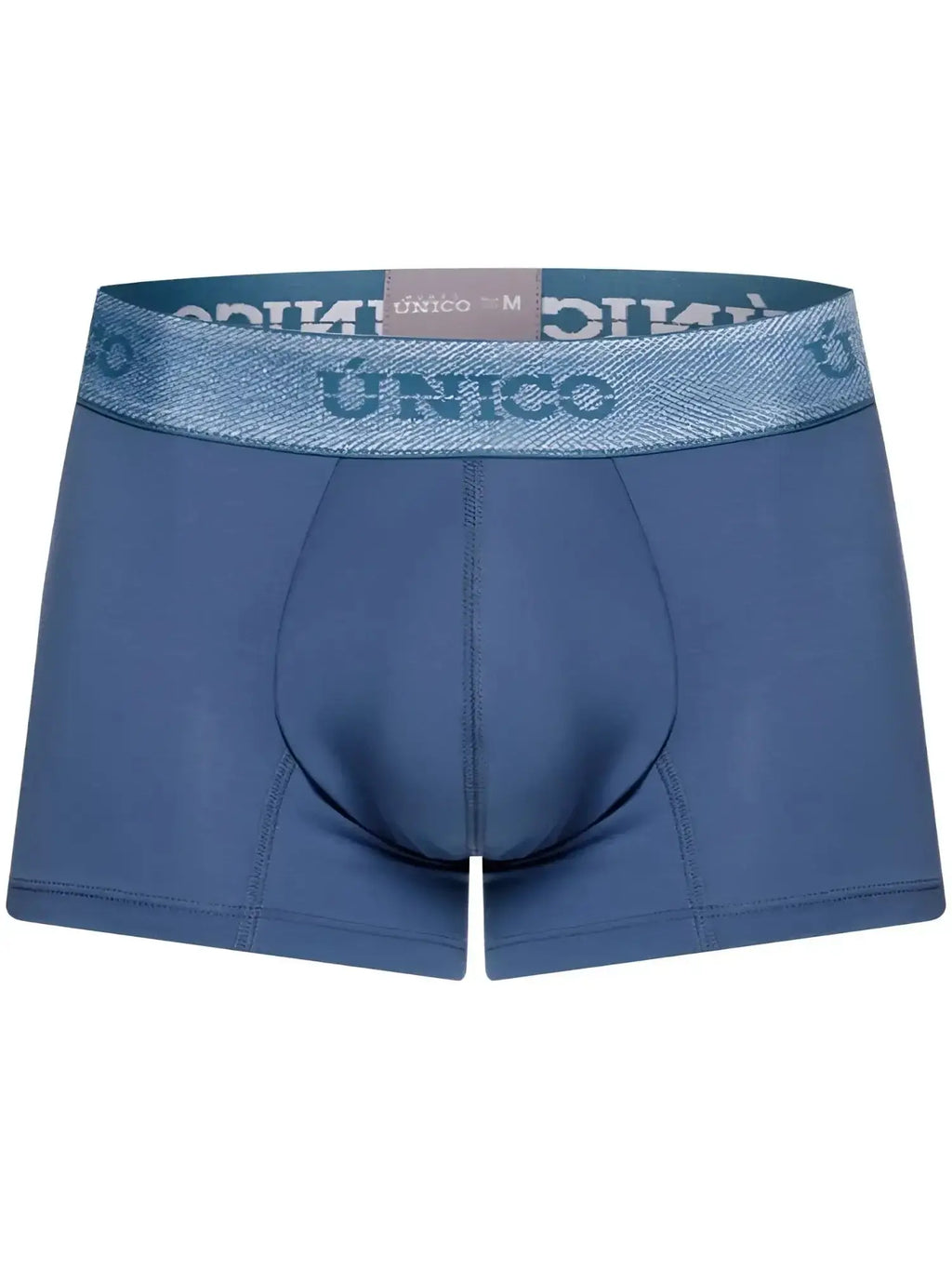 Front view of Unico Classic Trunks in Teal, featuring a branded waistband.