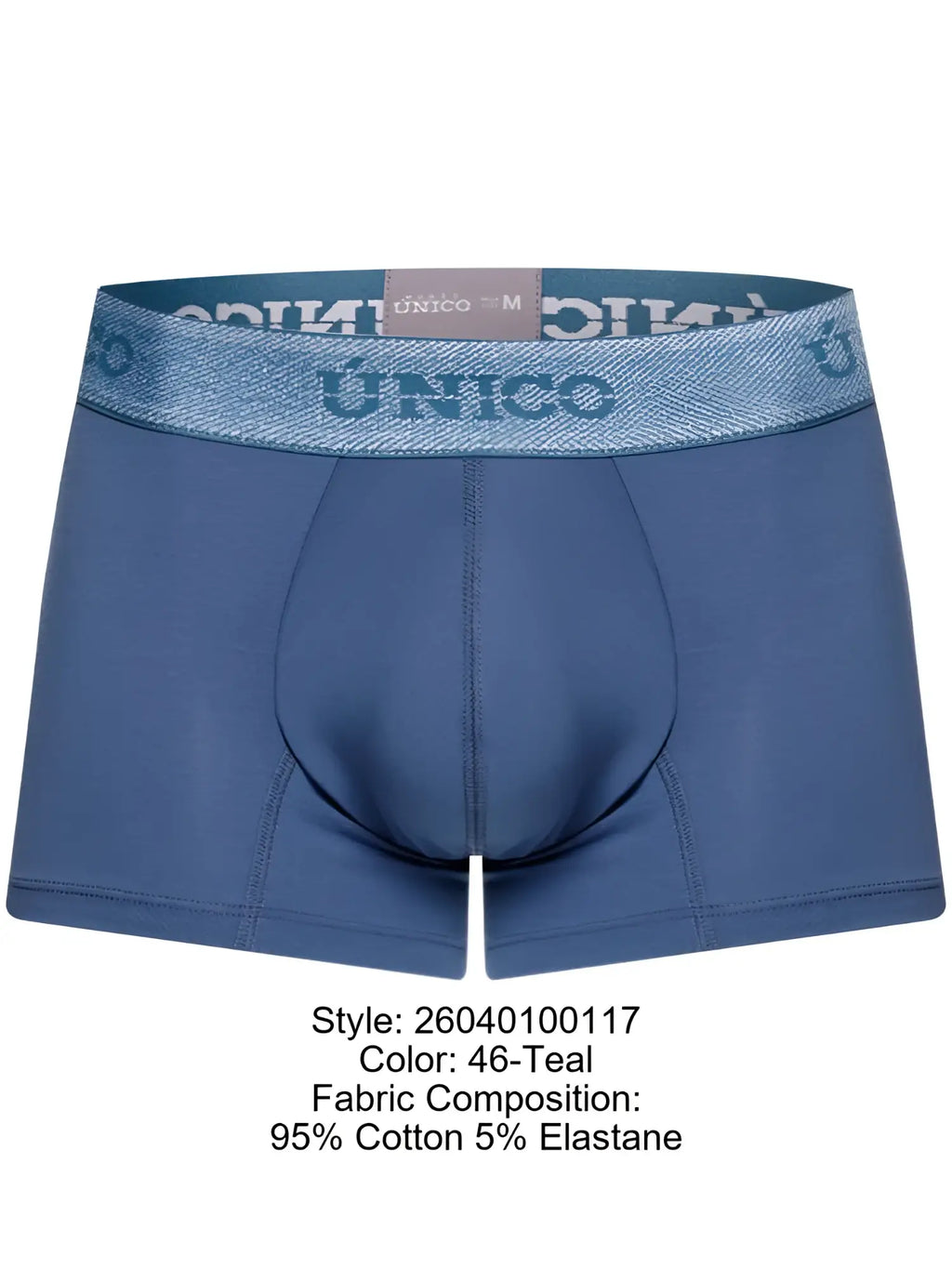 Front view of Unico 26040100117 Classic Trunks in teal color with branded elastic waistband.