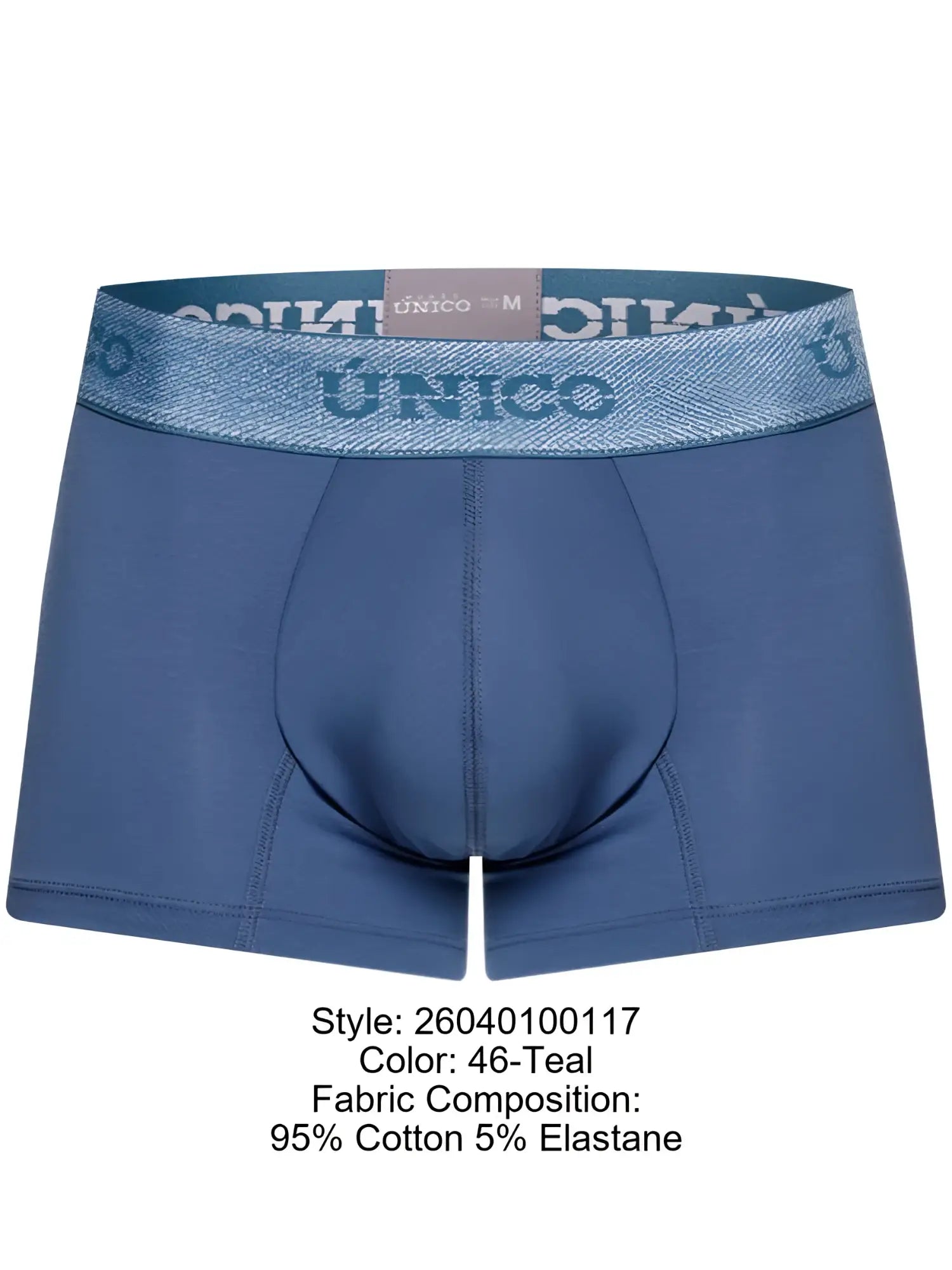 Front view of Unico 26040100117 Classic Trunks in teal color with branded elastic waistband.