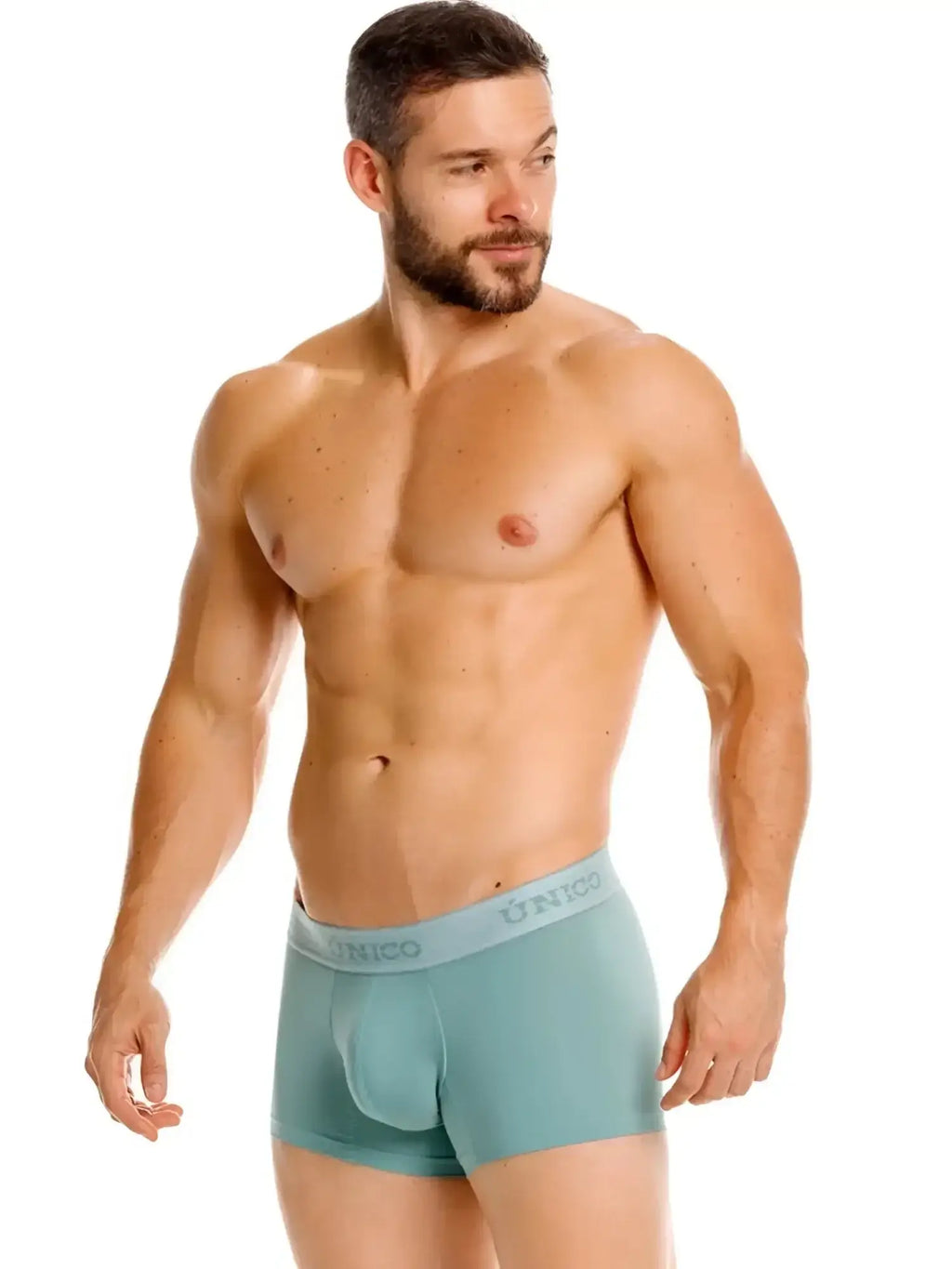 Model wearing green Unico 26040100121 Ceramic trunks. Front view of underwear on a muscular man.