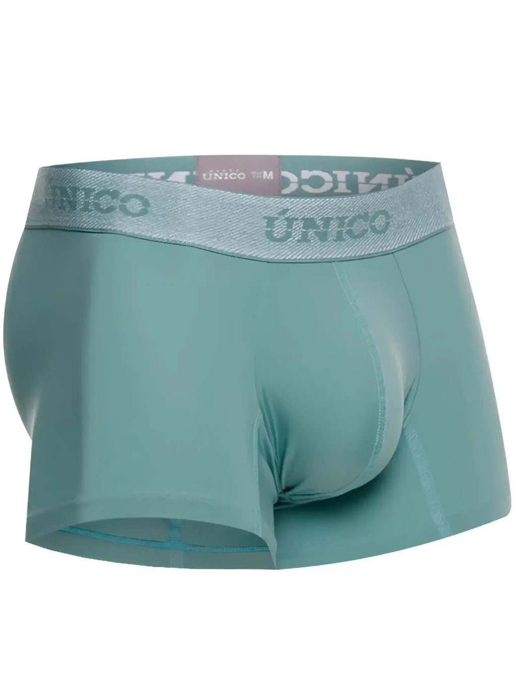 Front view of Unico Ceramic trunks in green, showcasing the branded elastic waistband and smooth fabric.