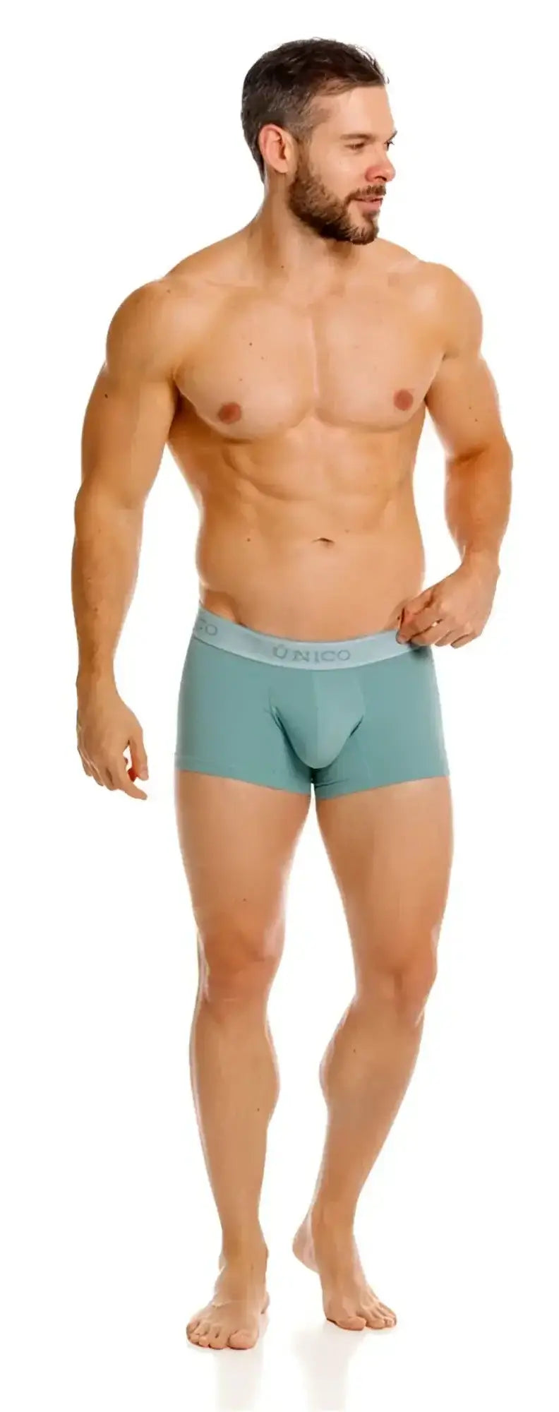 Unico Ceramic Trunks in Green. Front view of a man wearing the underwear on a white background.