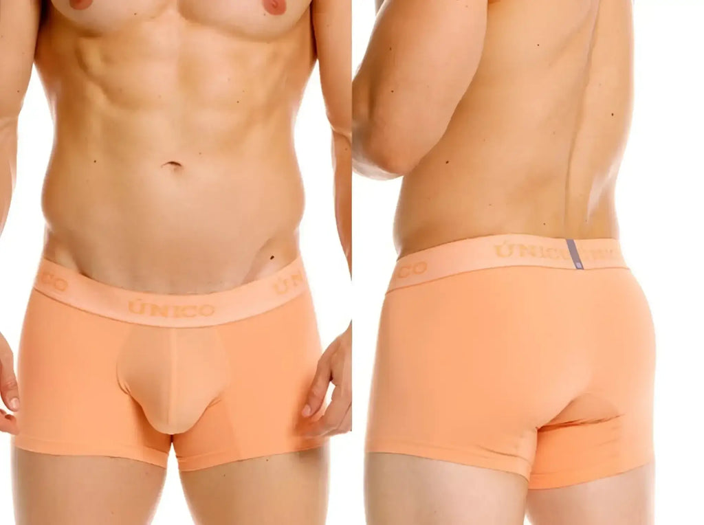 Unico Classic Trunks in Apricot, shown in front and back studio views.