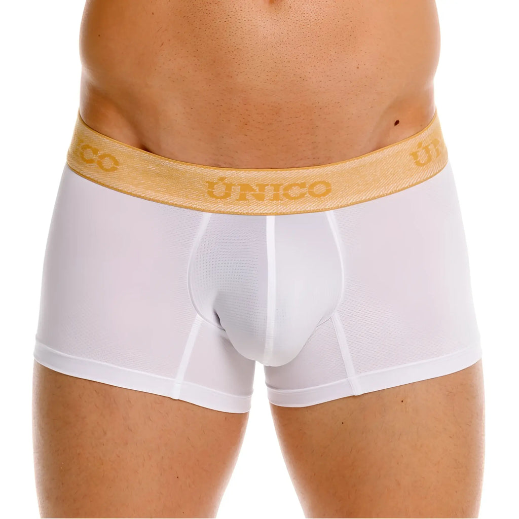 Front view of Unico Amber Trunks in white with an athletic fit and branded gold waistband.