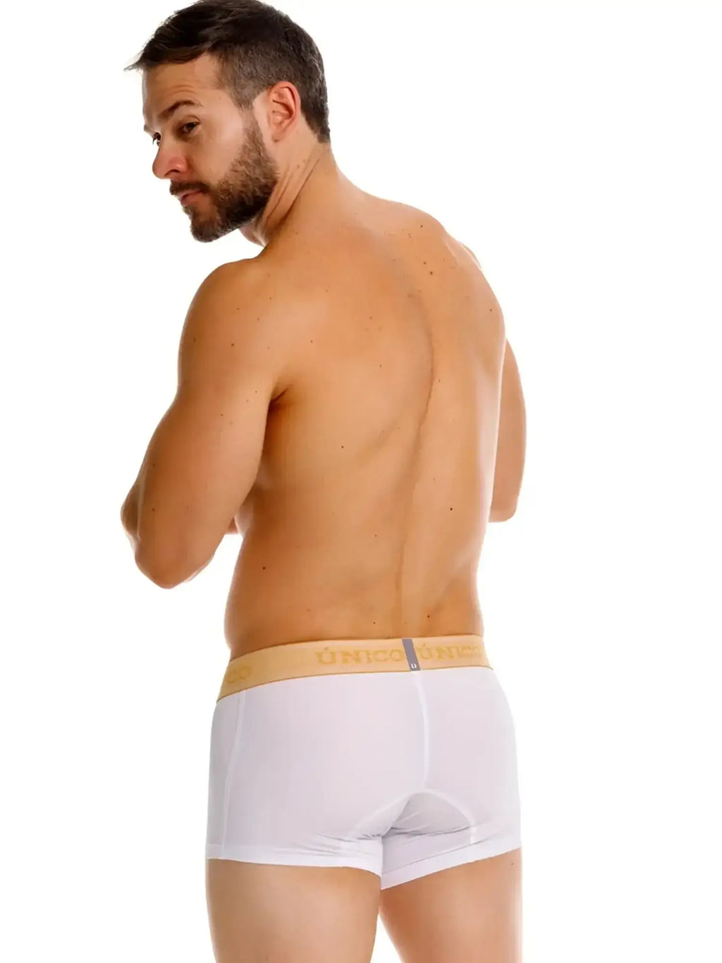 Unico Amber trunks in white, back view on model.