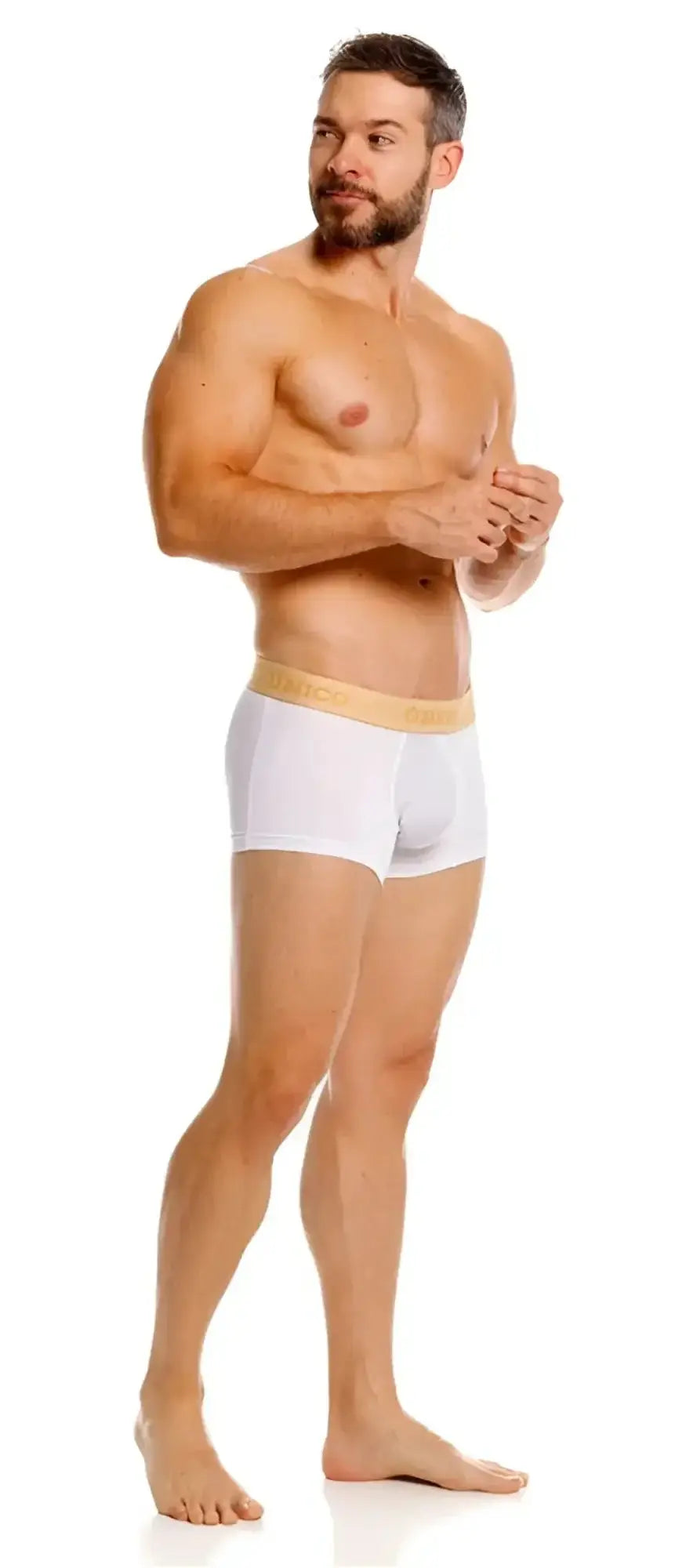 Unico Amber trunks in white. Side view of a model wearing athletic fit premium underwear.
