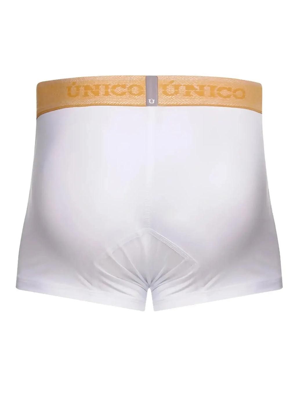 Unico Amber trunks in white, back view showing the branded amber waistband.