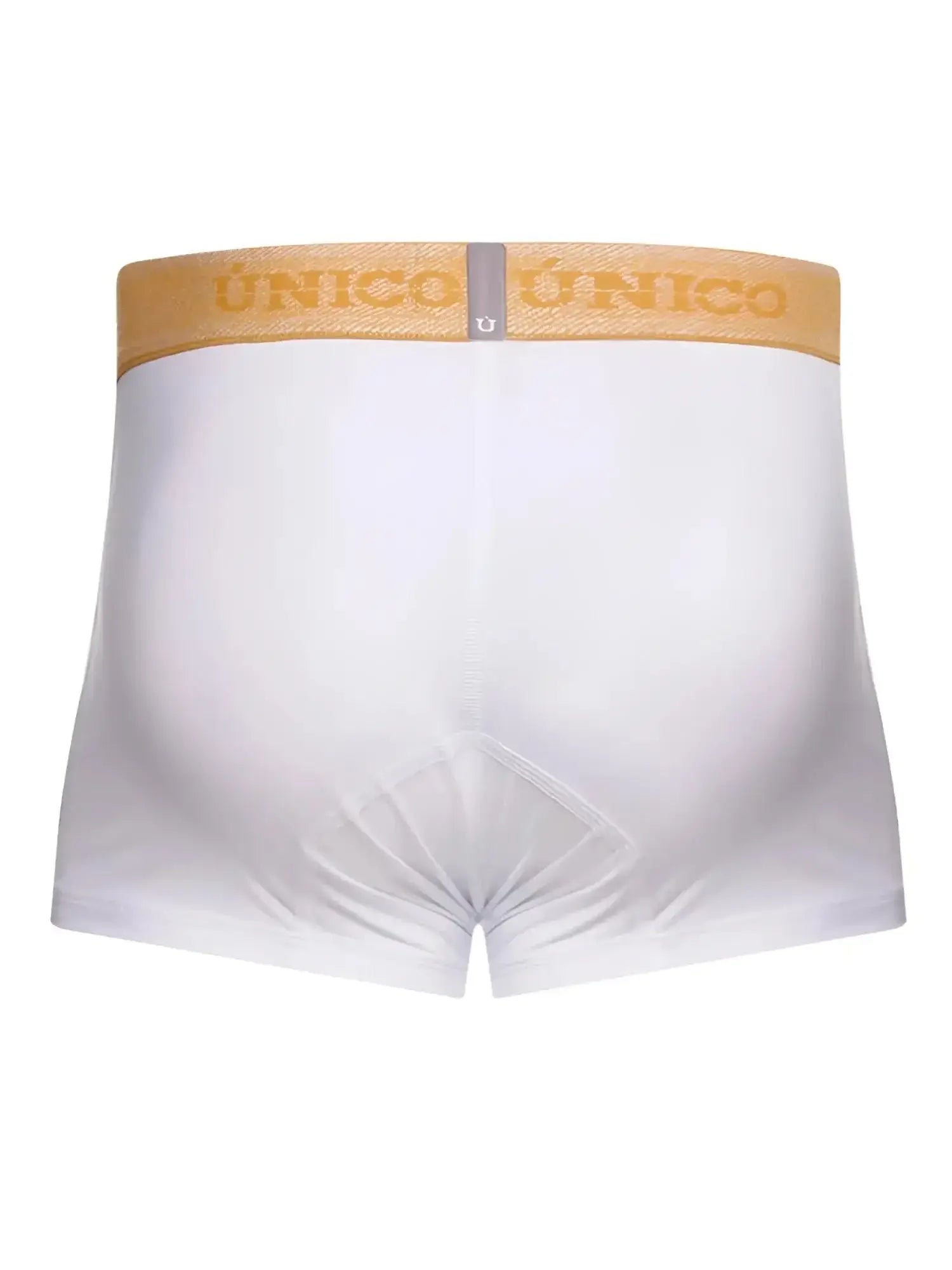 Unico Amber trunks in white, back view showing the branded amber waistband.