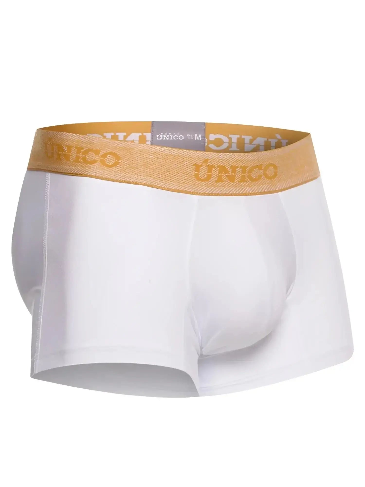 Unico Amber trunks in white, front view of premium athletic fit boxer briefs.
