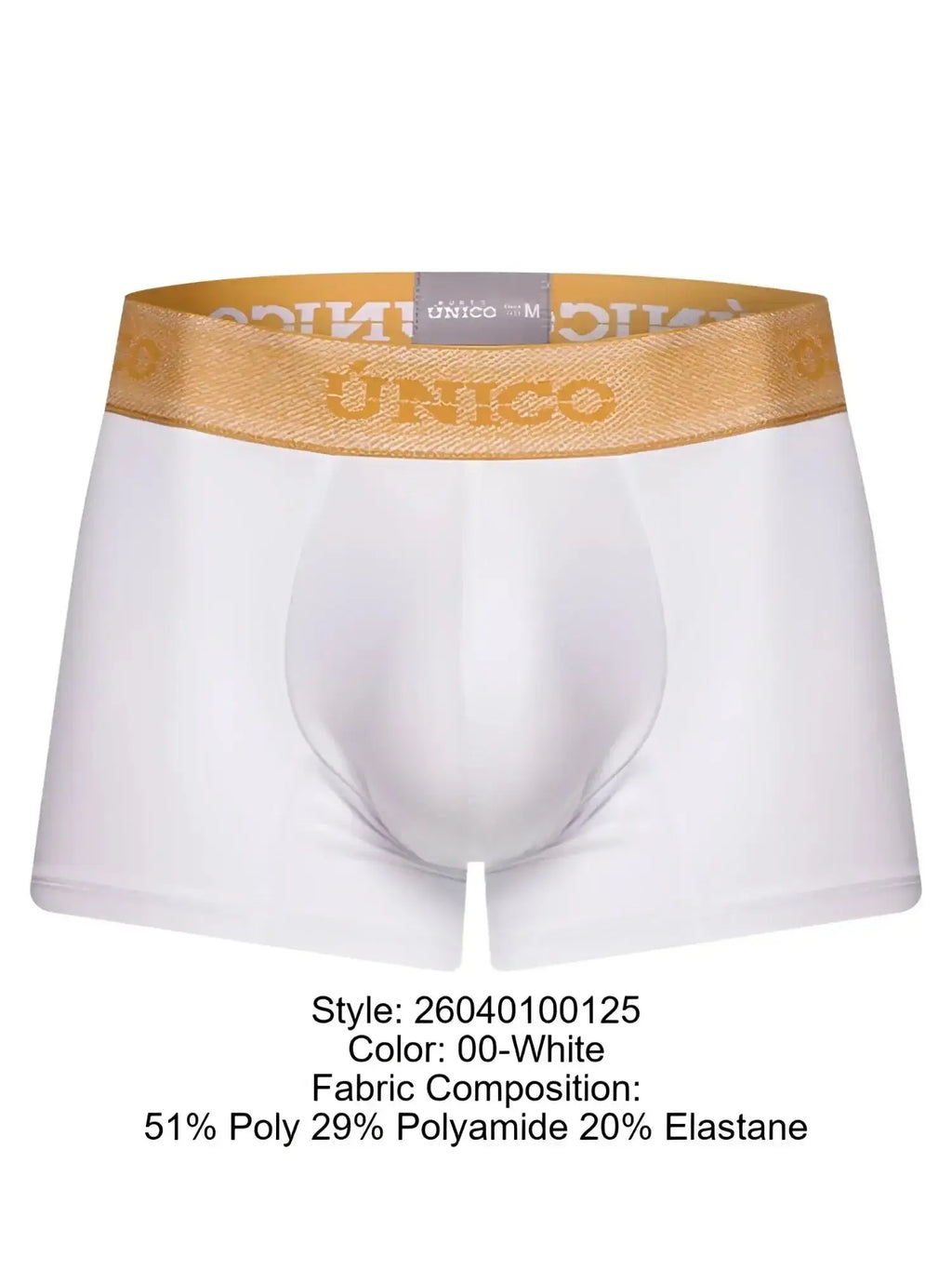 Front view of Unico 26040100125 Amber Trunks in white with a gold branded waistband.