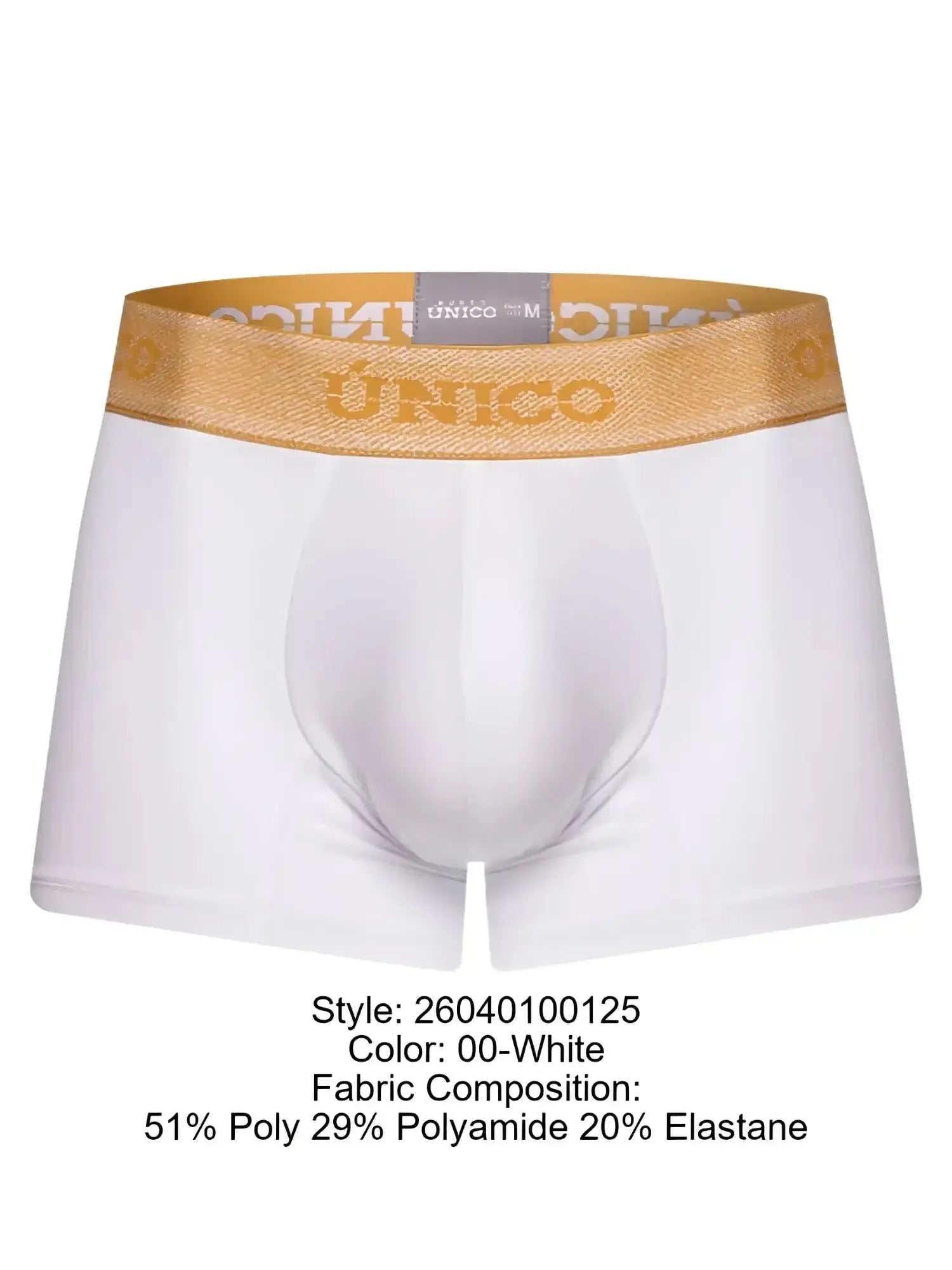 Front view of Unico 26040100125 Amber Trunks in white with a gold branded waistband.