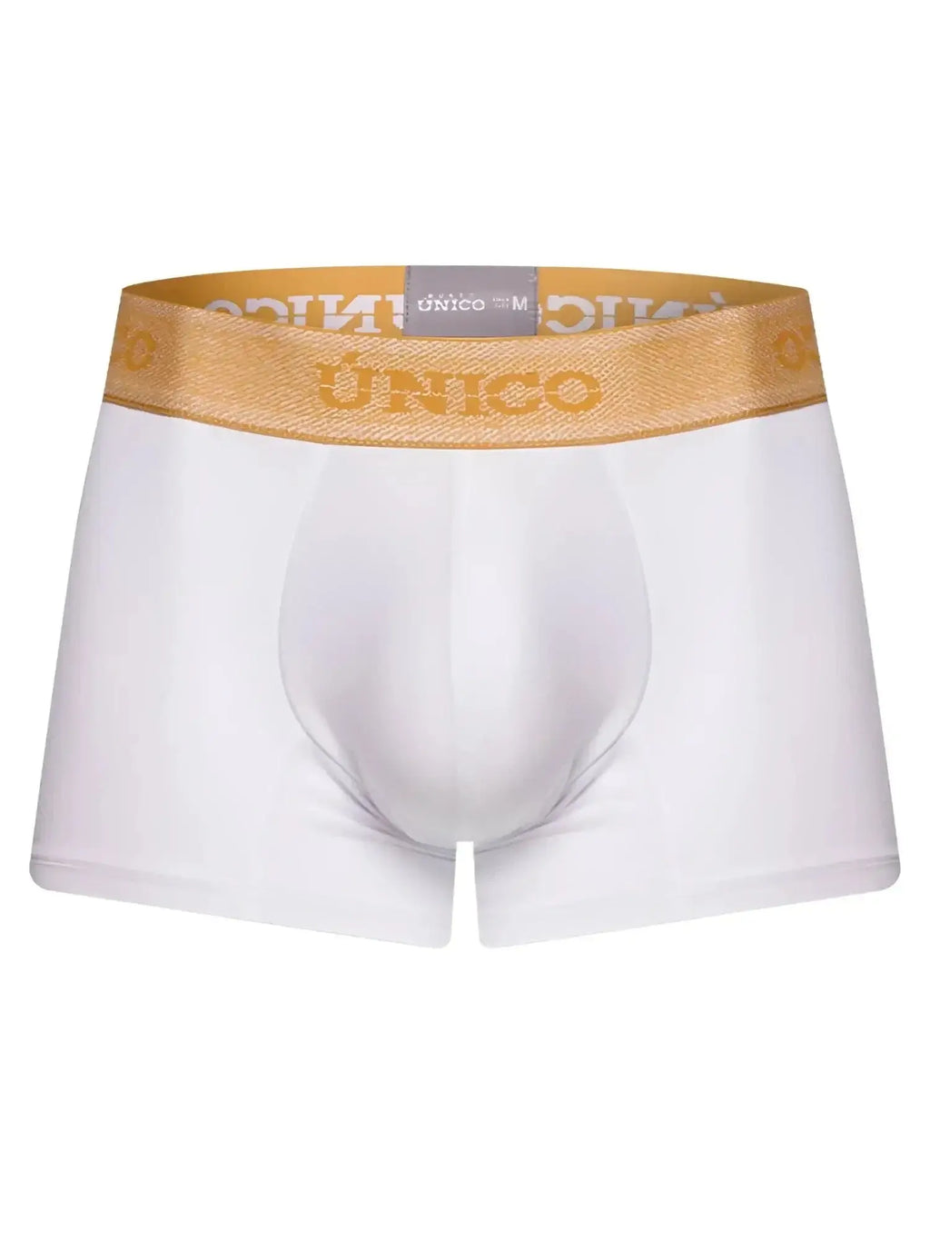 Front view of Unico Amber Trunks in white with a gold logo waistband.