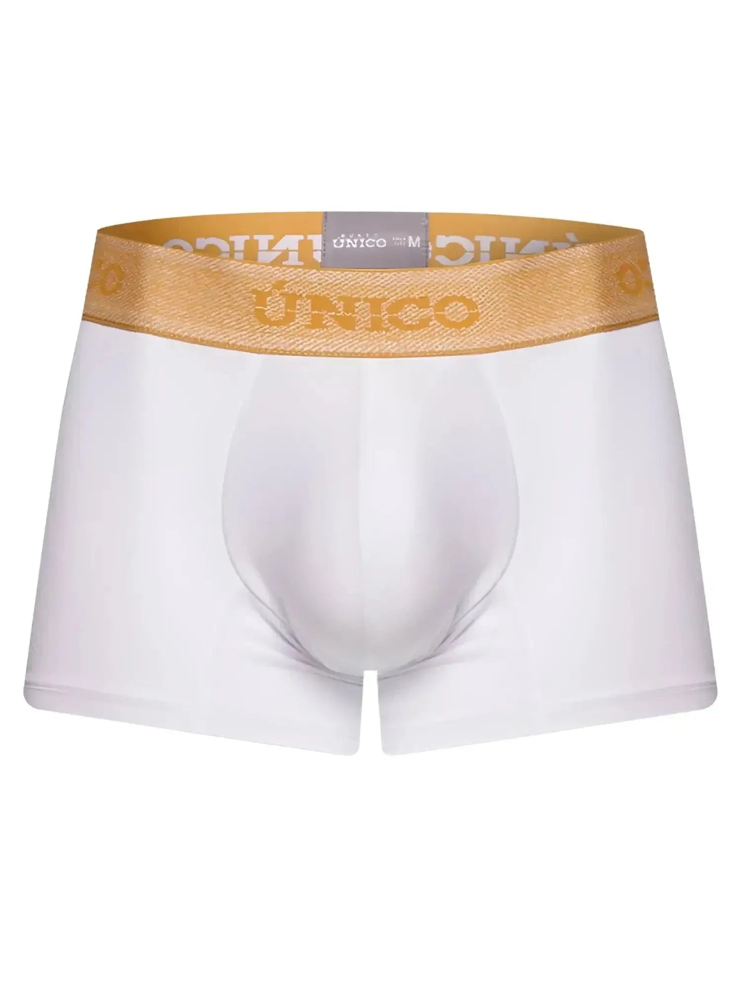 Front view of Unico Amber Trunks in white with a gold logo waistband.