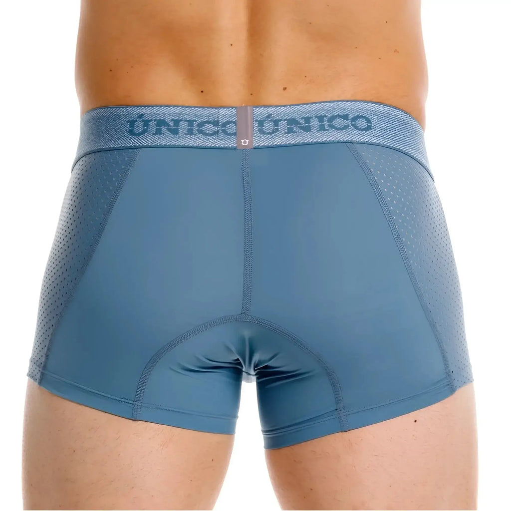 Unico Classic Trunks in blue: back view of the athletic underwear showing the branded waistband.
