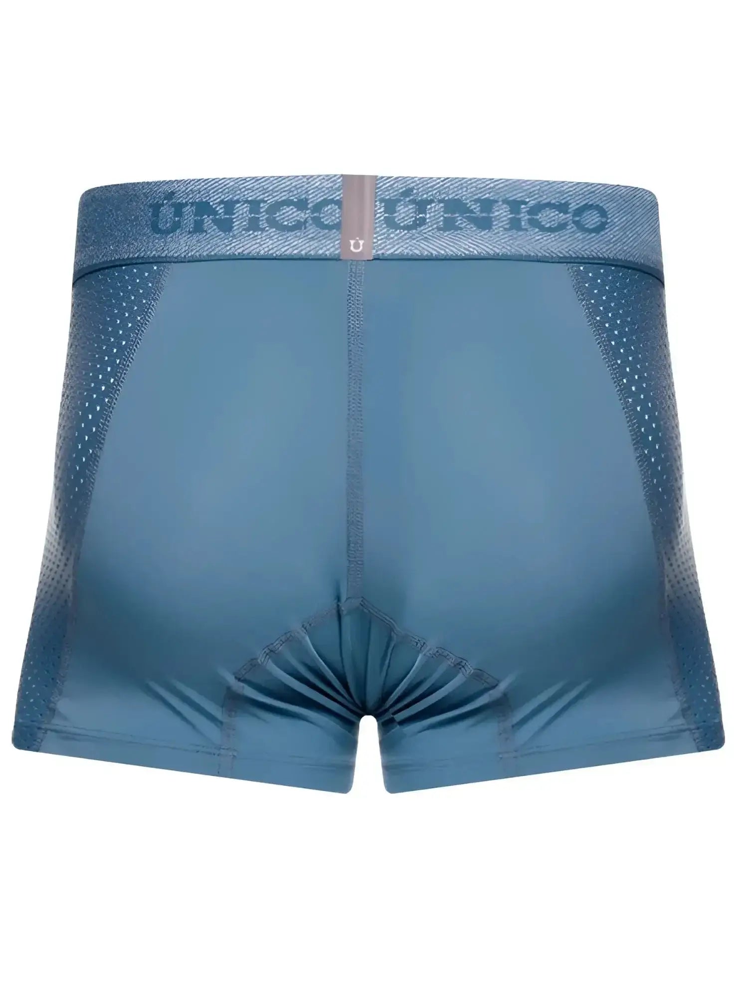 Back view of Unico Classic Trunks in 46-Blue with textured side panels and branded elastic waistband.