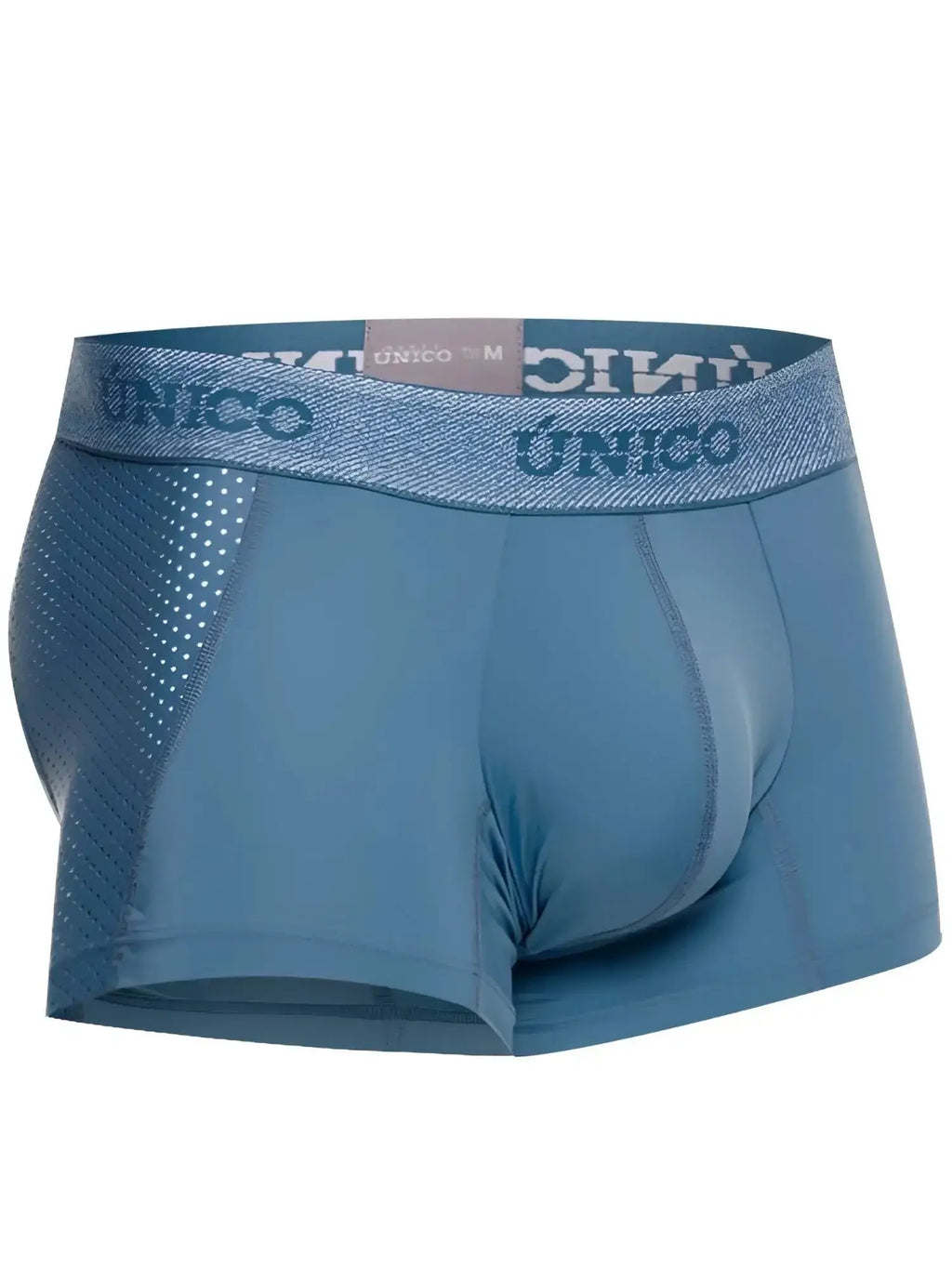 Front view of Unico Classic Trunks in 46-Blue, featuring athletic fabric and branded waistband.