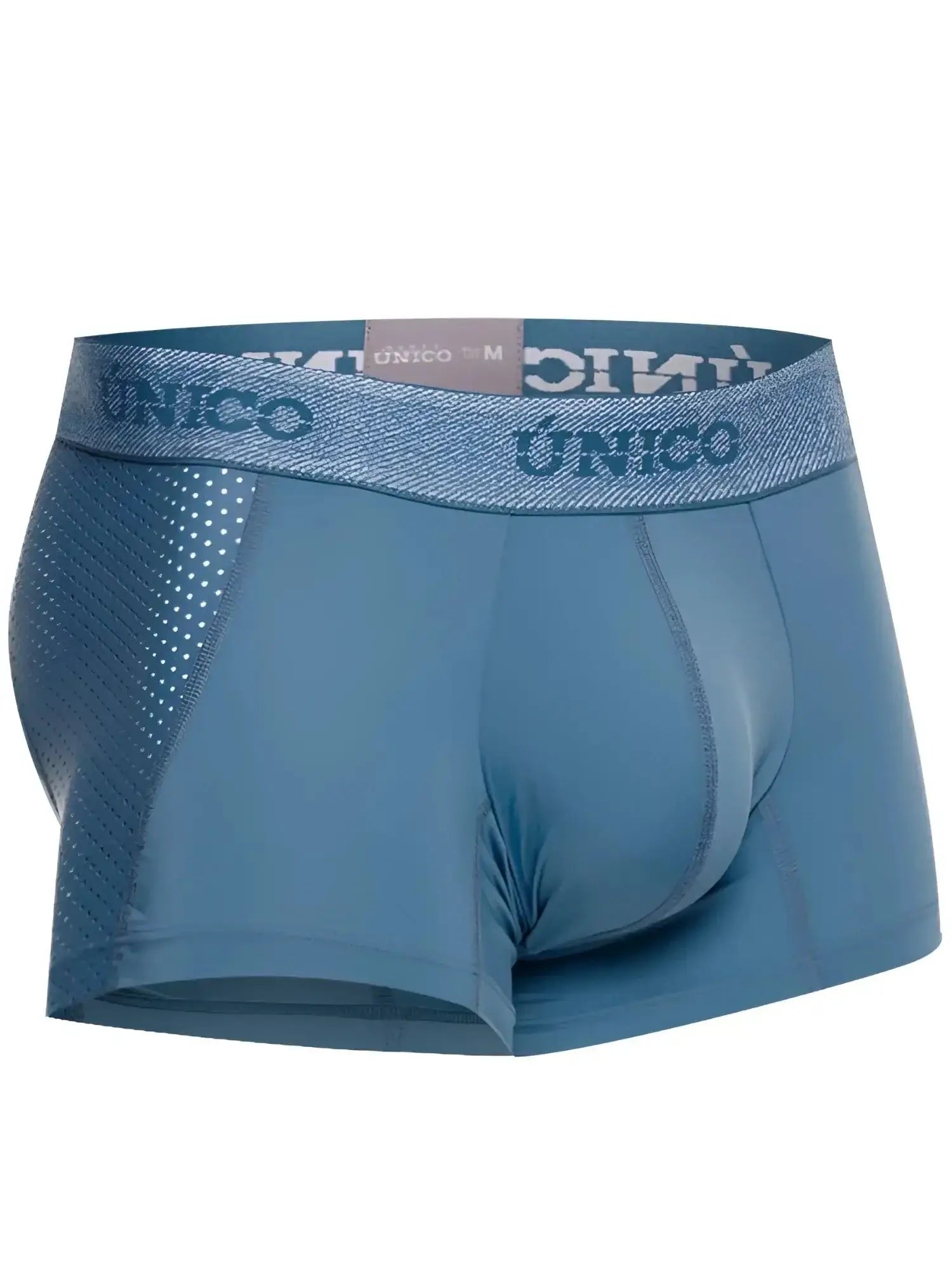 Front view of Unico Classic Trunks in 46-Blue, featuring athletic fabric and branded waistband.