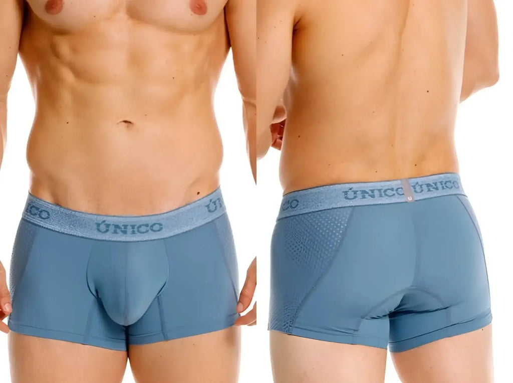 Unico Classic Trunks in blue, shown from front and back views on a model.