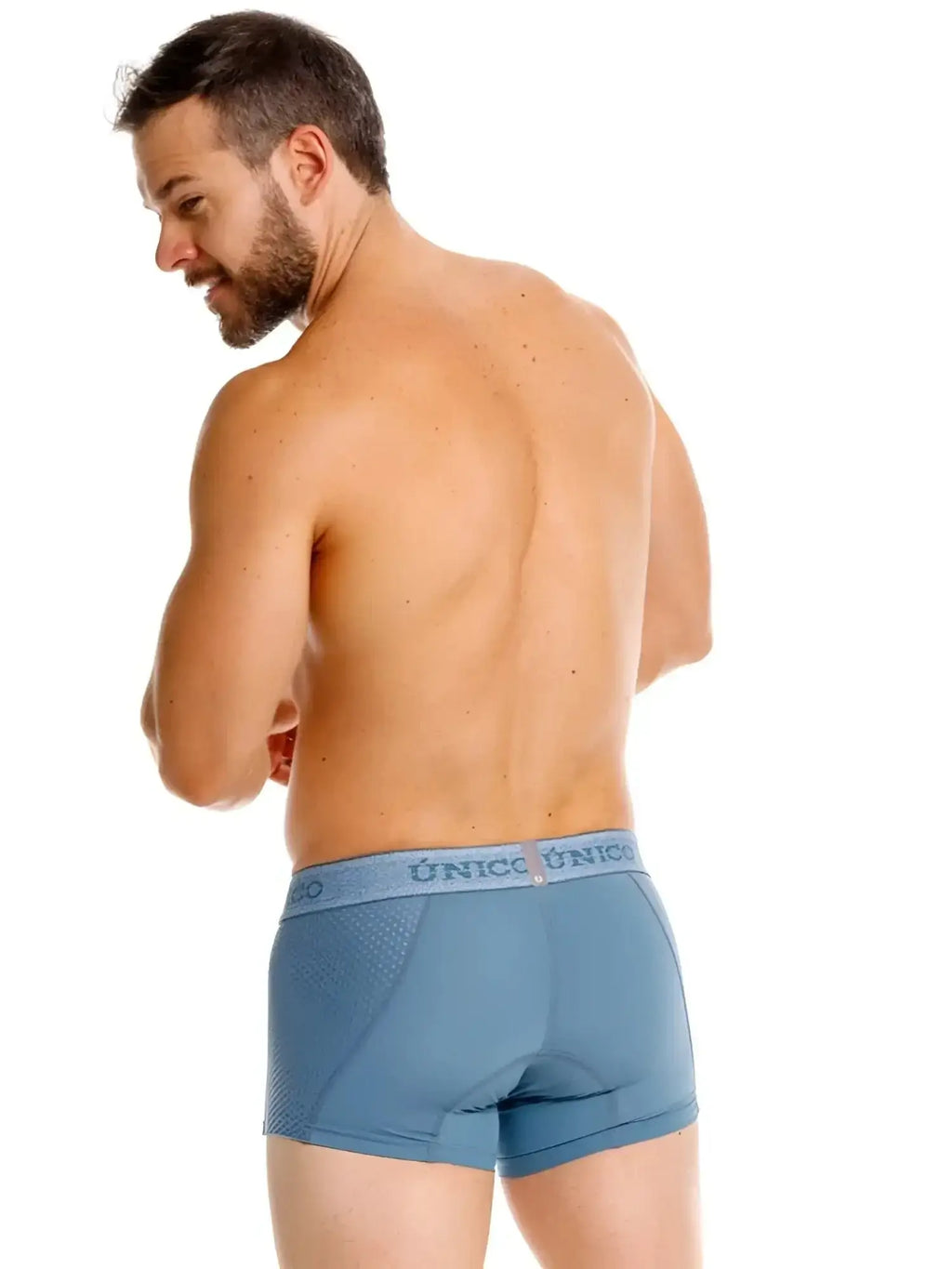 Back view of Unico 26040100127 Classic Trunks in 46-Blue on a model.