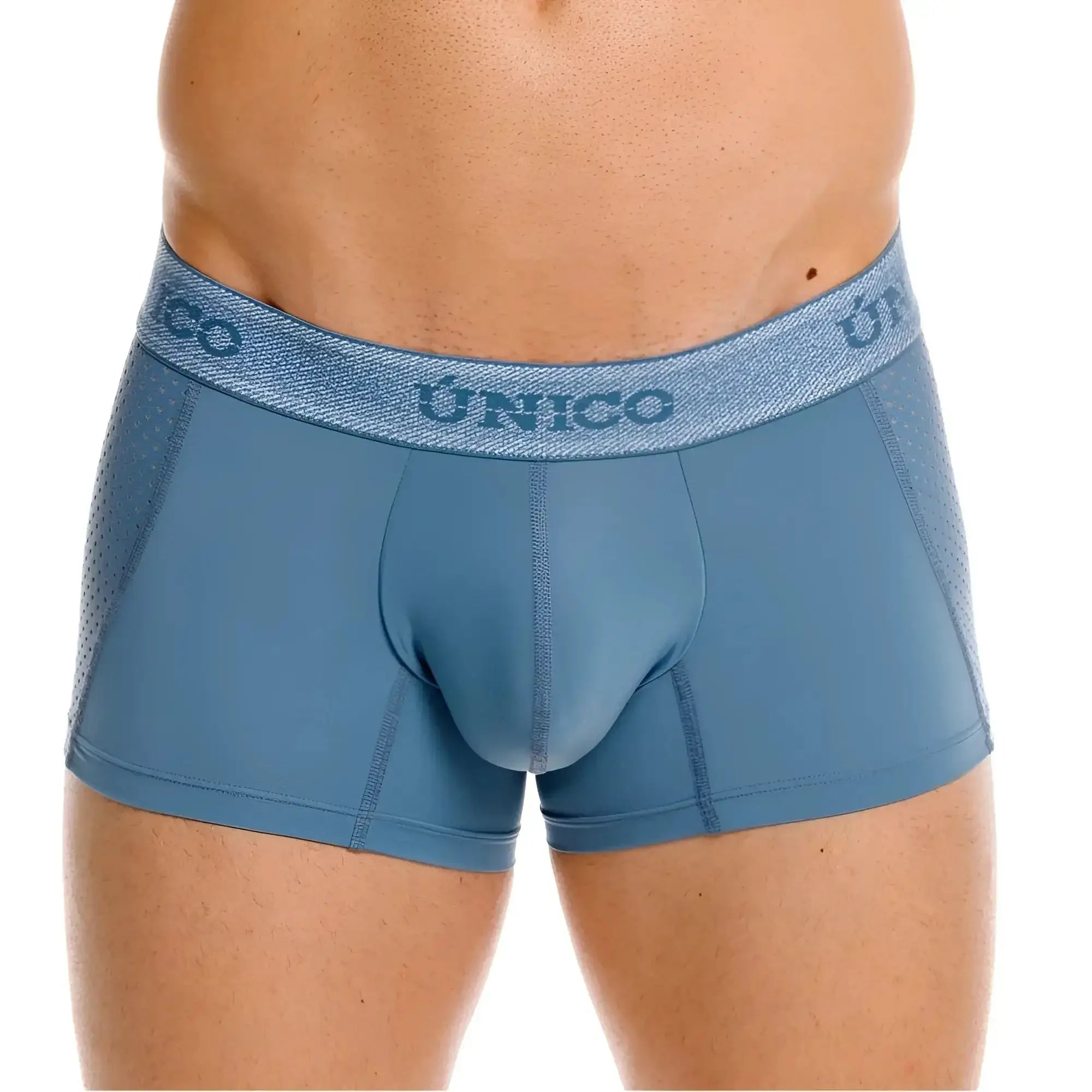 Front view of Unico Classic Trunks in 46-Blue, featuring a branded waistband and athletic fit.