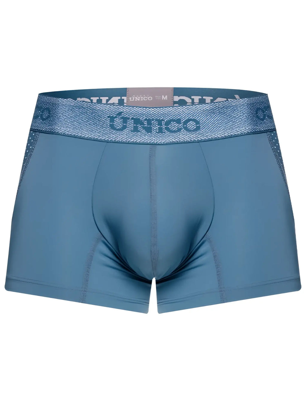 Front view of Unico 26040100127 Classic Trunks in 46-Blue, featuring a branded elastic waistband.