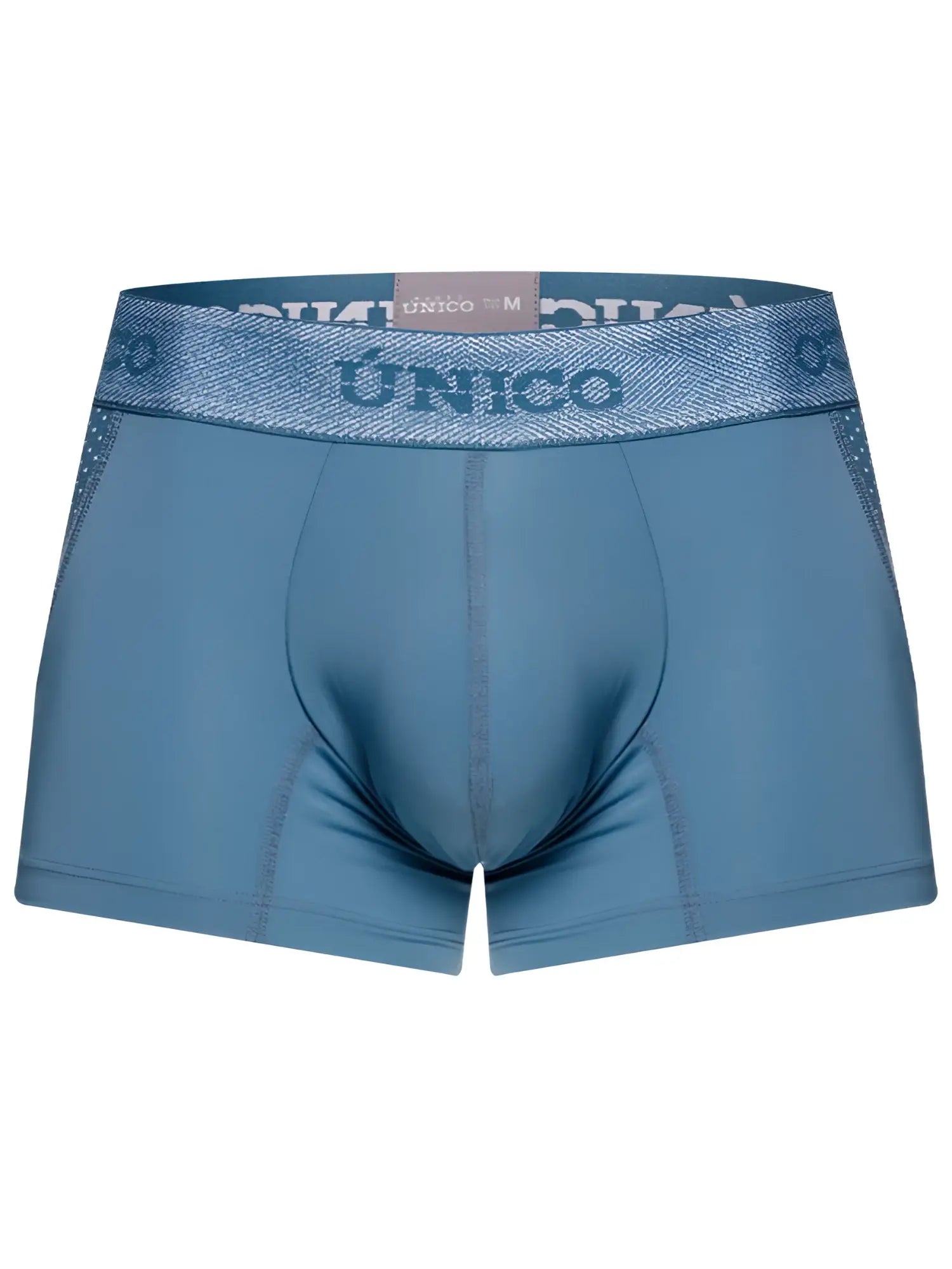 Front view of Unico 26040100127 Classic Trunks in 46-Blue, featuring a branded elastic waistband.