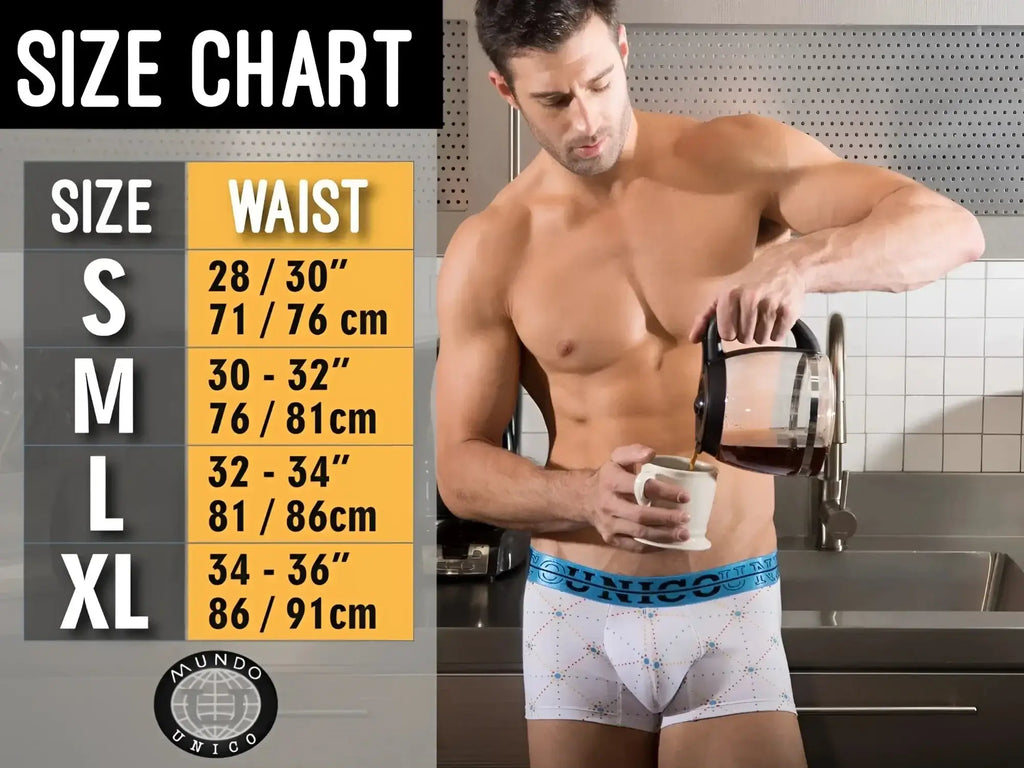Unico Classic Trunks in blue, lifestyle shot of model wearing the underwear next to a size chart.