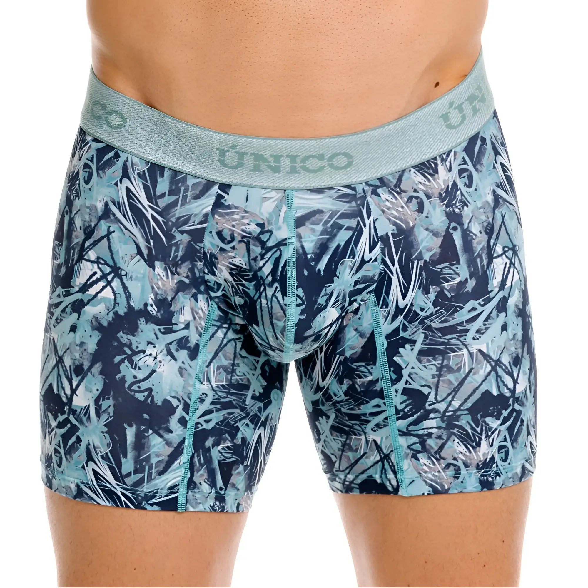 Front view of Unico Tags boxer briefs in blue abstract print with a branded elastic waistband.
