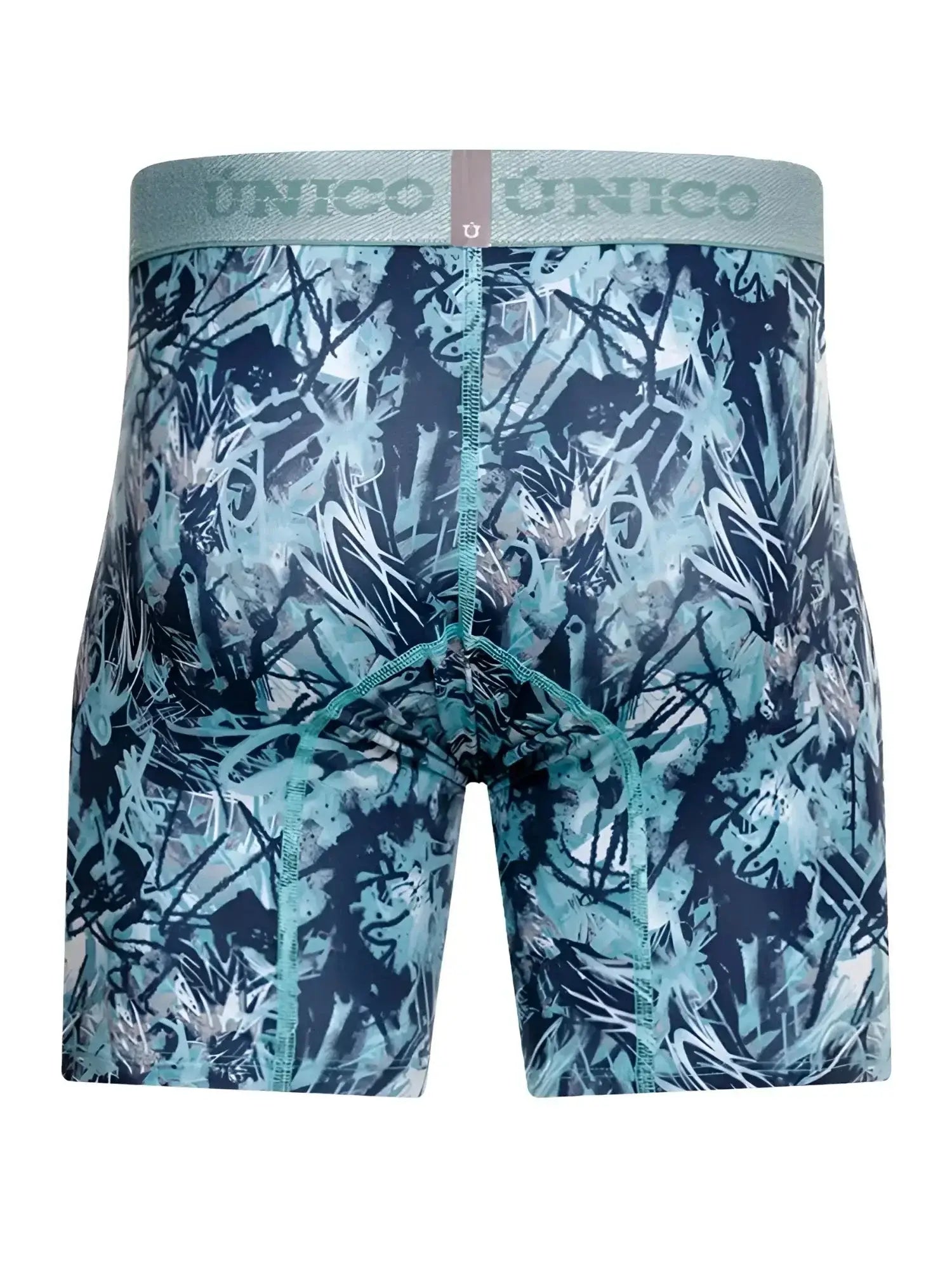 Back view of Unico 26040100212 boxer briefs in blue abstract print with branded waistband.