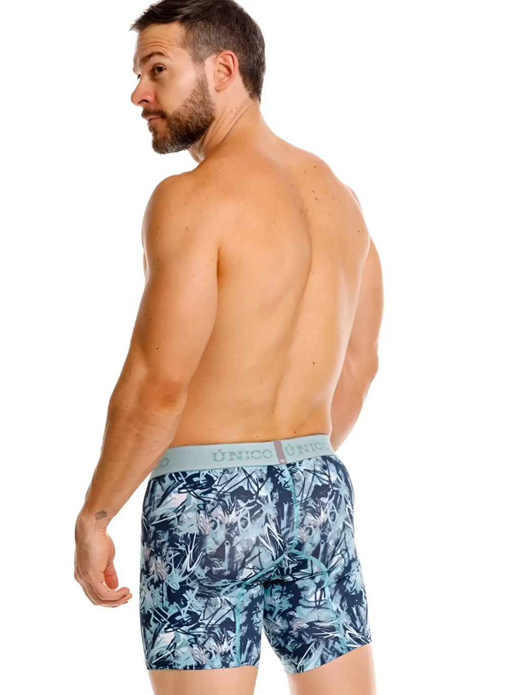 Unico Tags Boxer Briefs in blue, back view on a model.