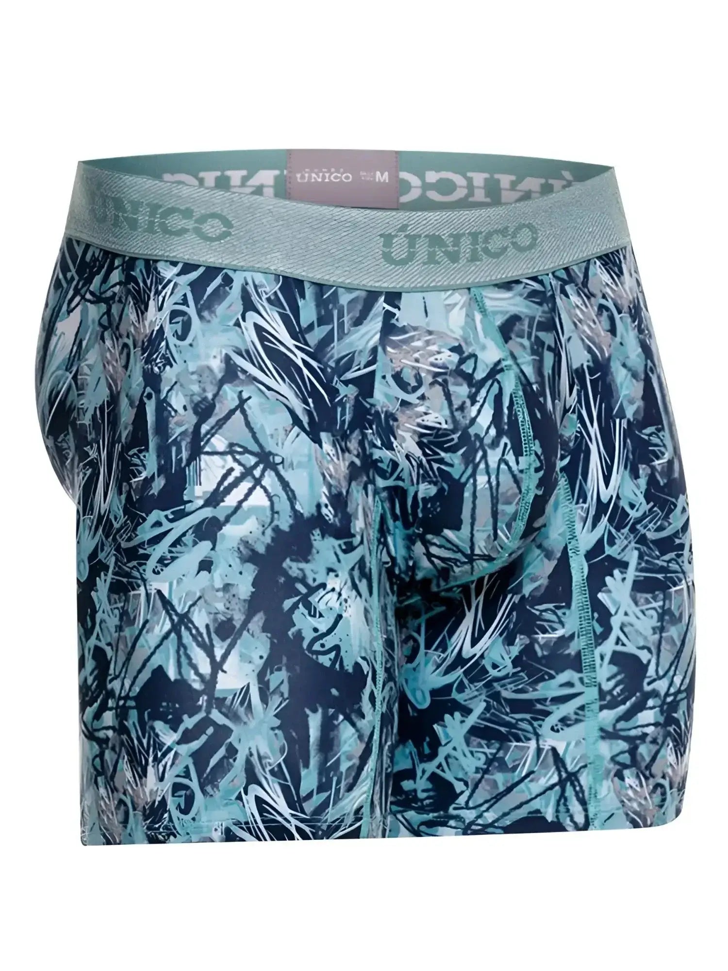 Front view of Unico 26040100212 Tags boxer briefs in blue with a graffiti print and branded waistband.