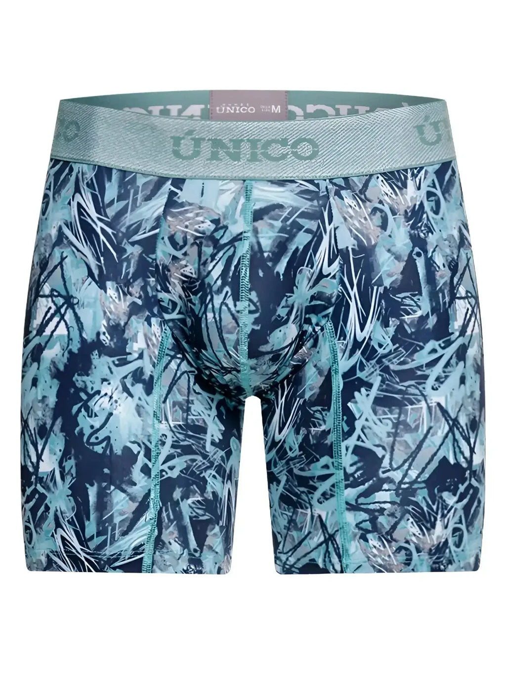 Front view of Unico Tags boxer briefs in blue with an abstract graffiti print and branded elastic waistband.